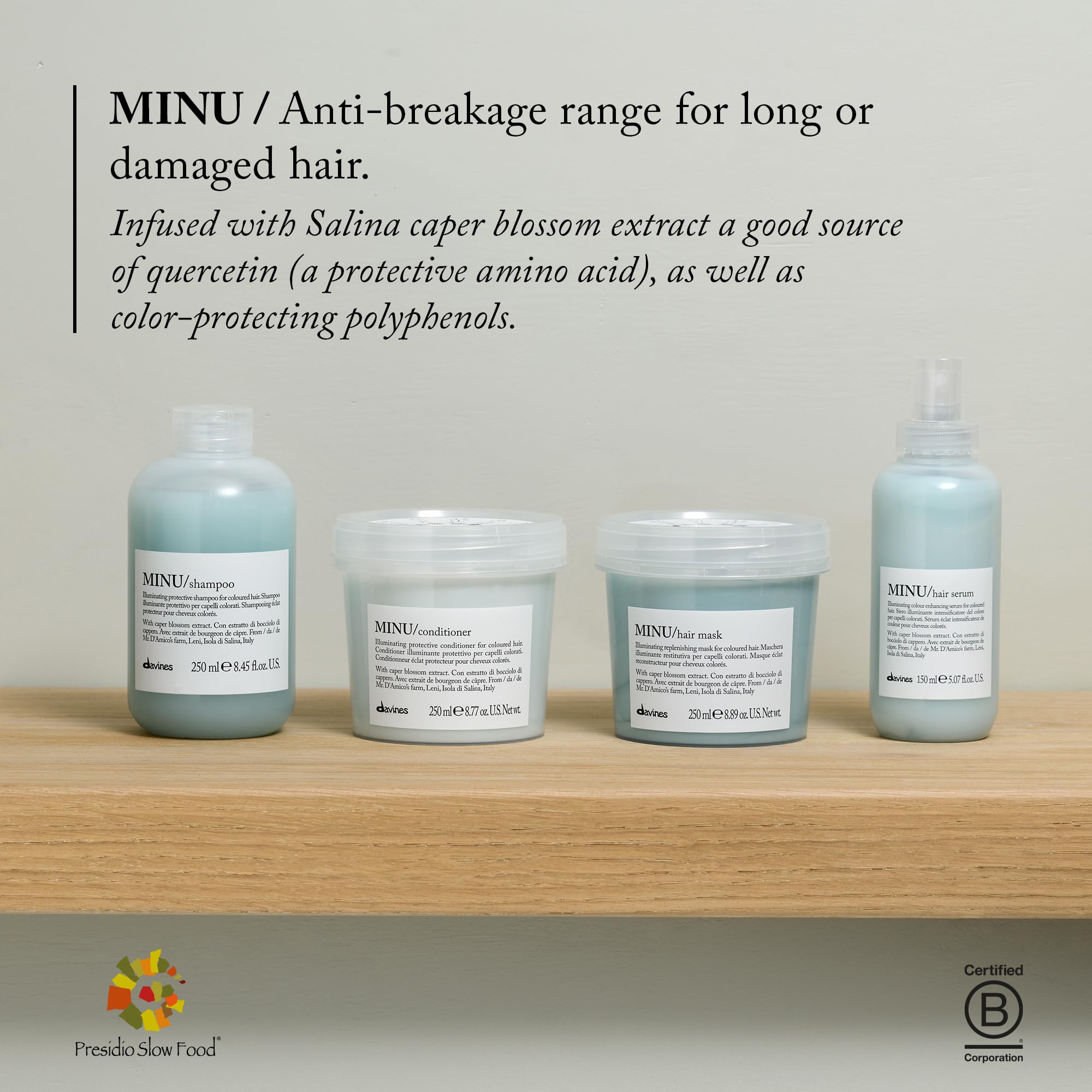 Davines MINU ingredients page spotlights quercetin and polyphenols.