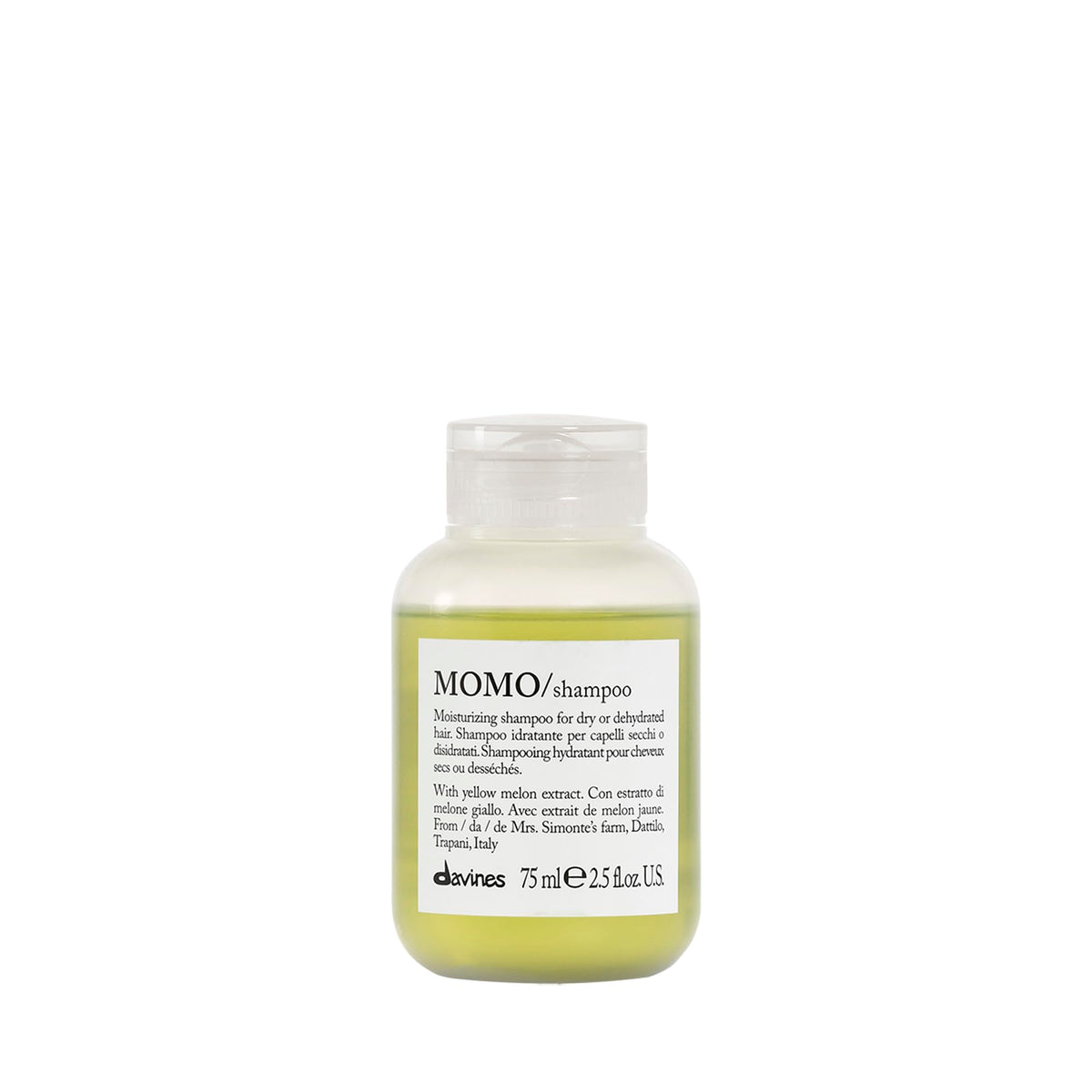 Davines MOMO Champú: botella mini para viaje, hidratación suave para cabello seco.