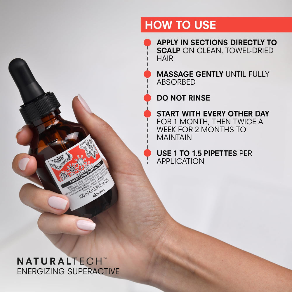 Davines Naturaltech Energizing Superactive serum closeup reveals premium ingredients.