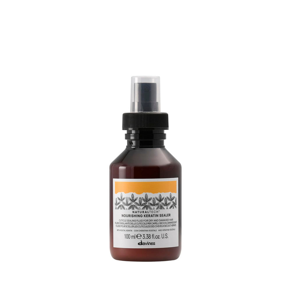 Davines Nourishing Keratin Sealer bottle highlights cuticle sealing for smoother hair.