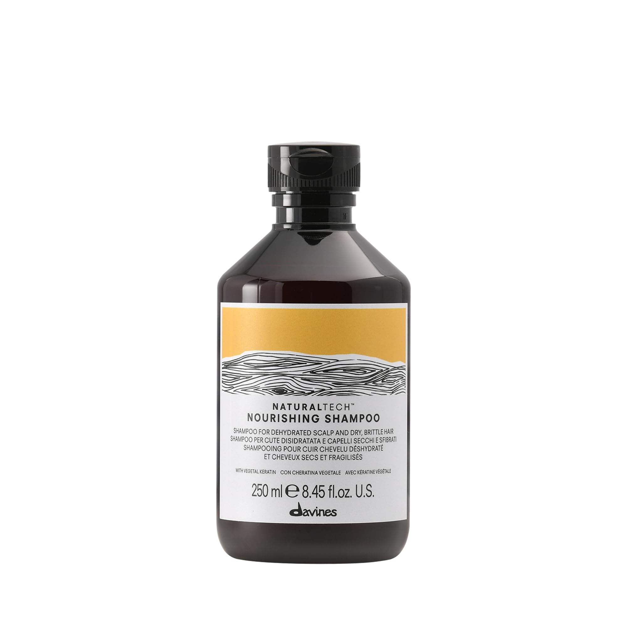 Davines Naturaltech Nourishing Shampoo bottle close-up highlighting hydration for hair health