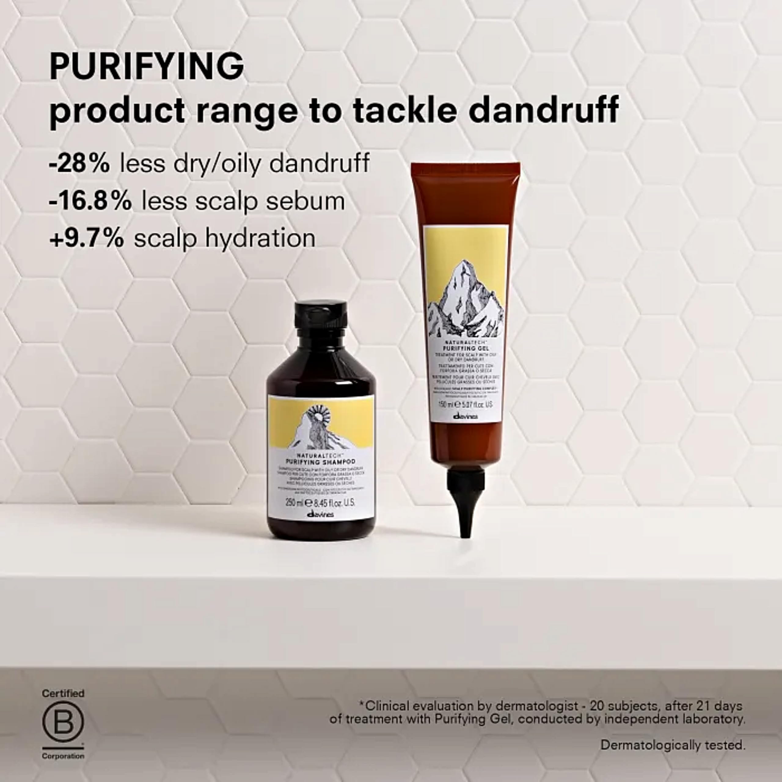 Shampoo pours into hand from Davines bottle for scalp cleansing