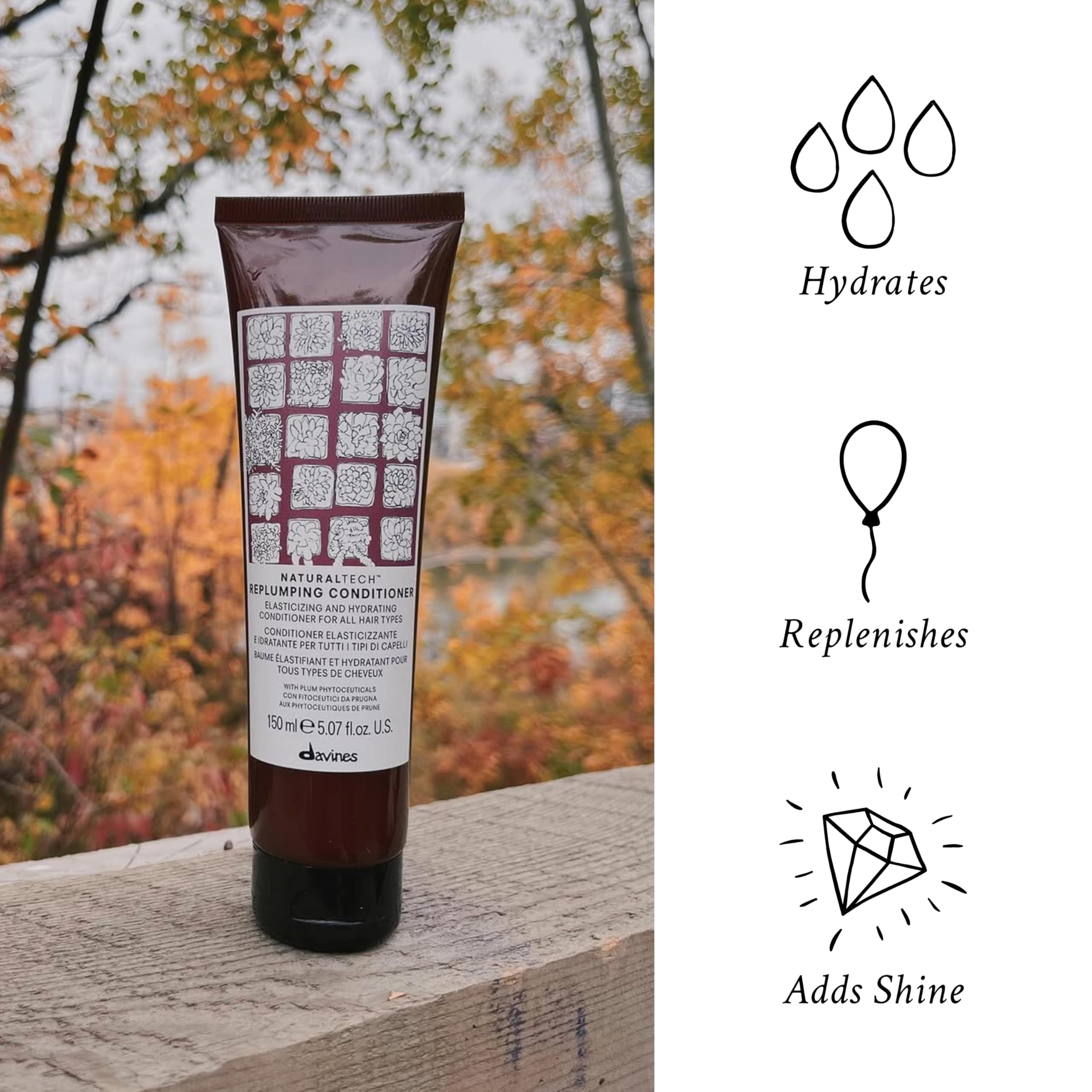 Davines Replumping Conditioner label highlights plum phytoceuticals for fine hair.