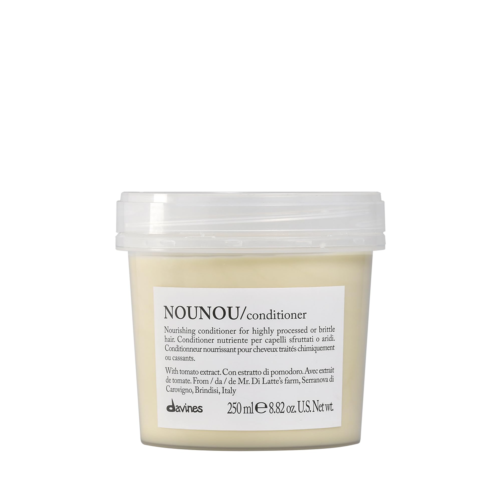 Davines NOUNOU conditioner bottle front highlights deep hydration for chemically treated hair.