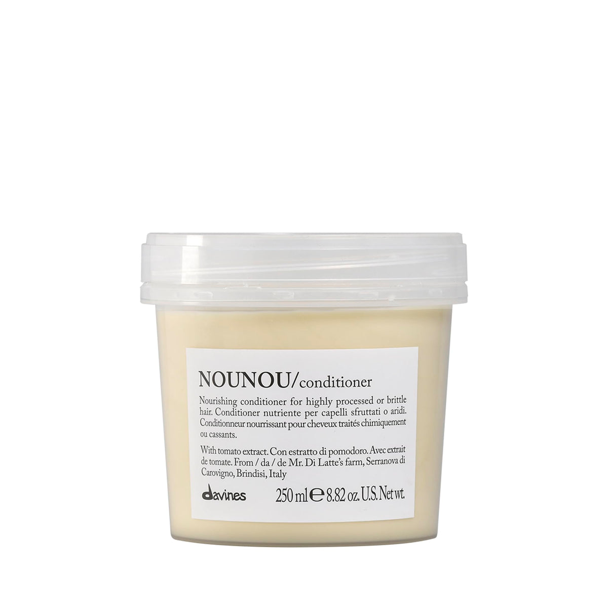 Davines NOUNOU conditioner bottle front highlights deep hydration for chemically treated hair.