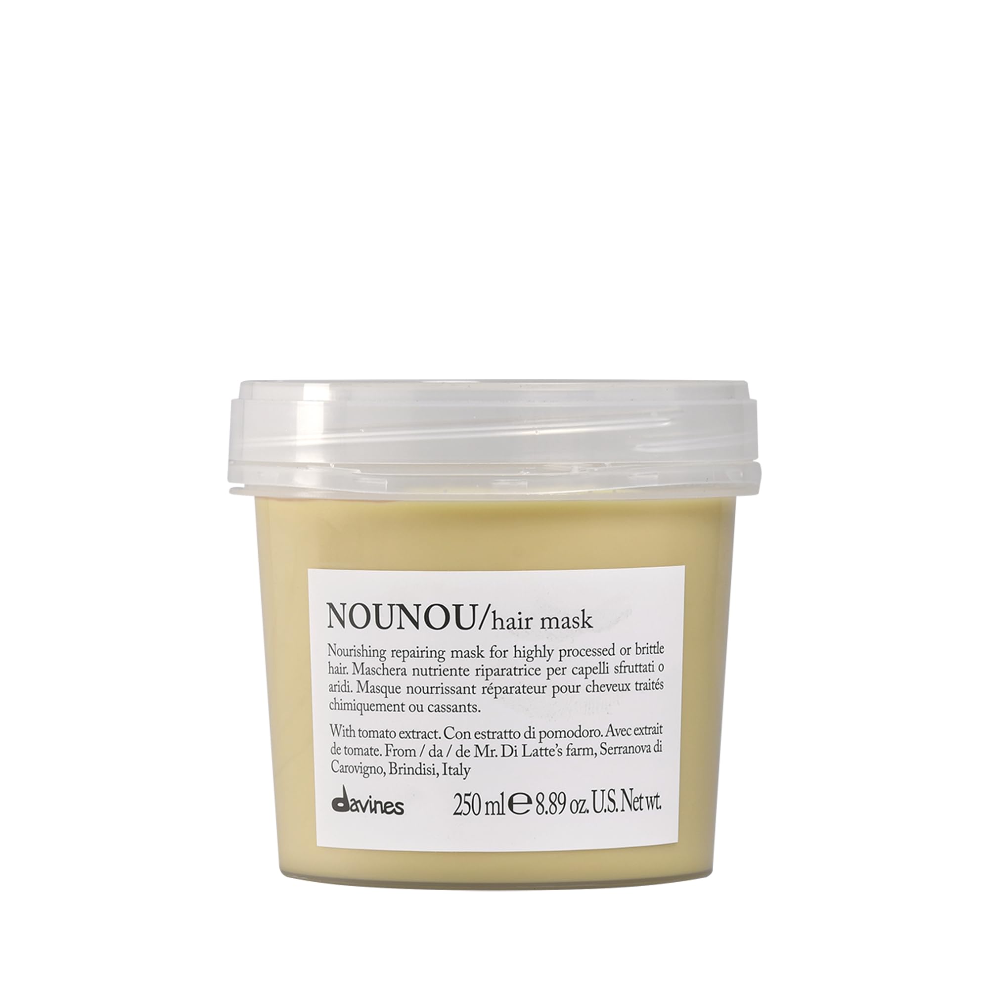 Davines Nounou Hair Mask bottle close-up emphasizes nourishing treatment for treated hair.