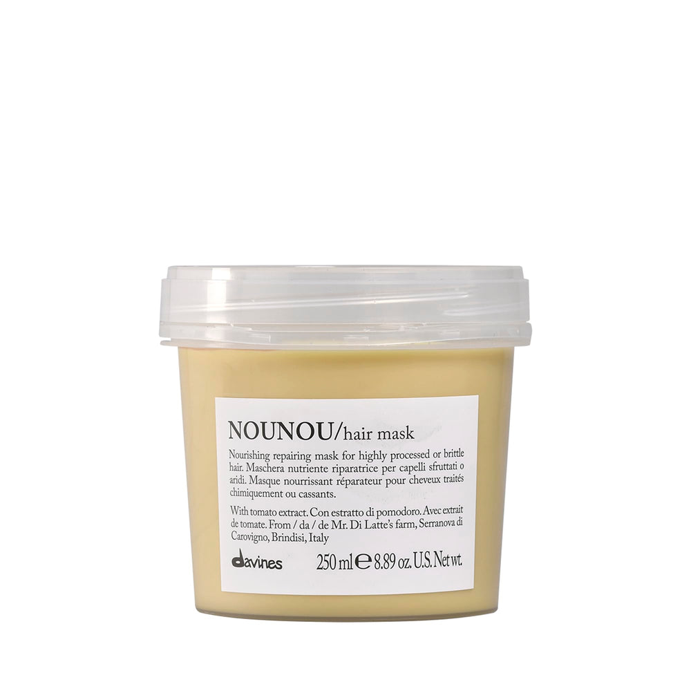 Davines Nounou Hair Mask bottle close-up emphasizes nourishing treatment for treated hair.