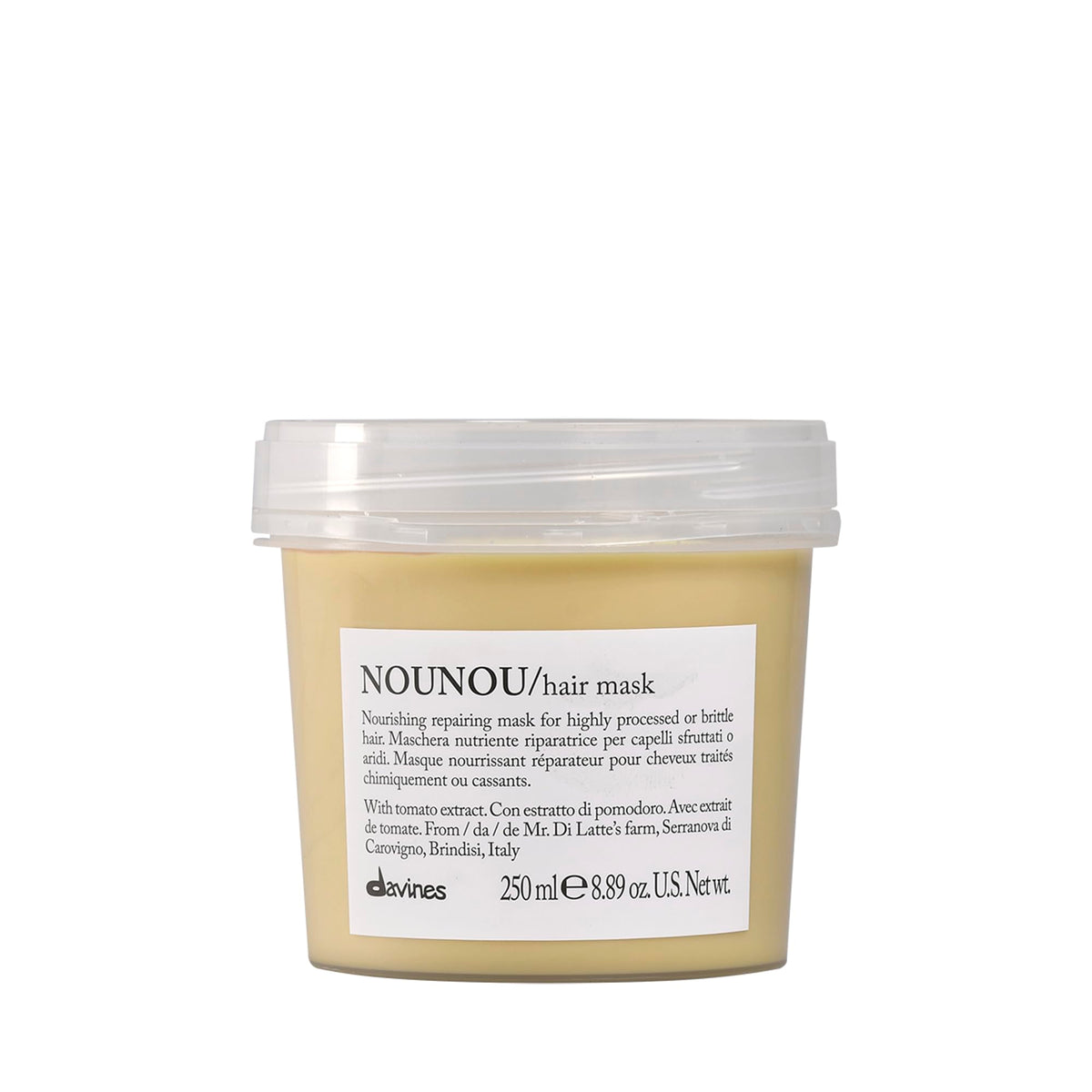 Davines Nounou Hair Mask bottle close-up emphasizes nourishing treatment for treated hair.