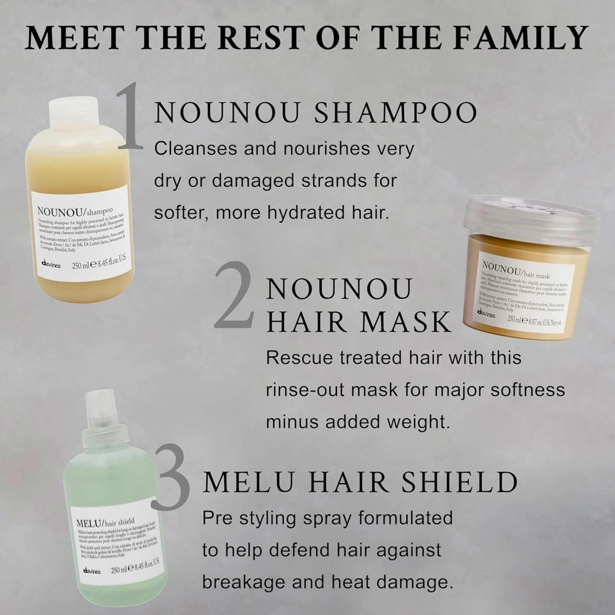 Davines Nounou Hair Mask bottle framed by greens suggests natural ingredients and care.