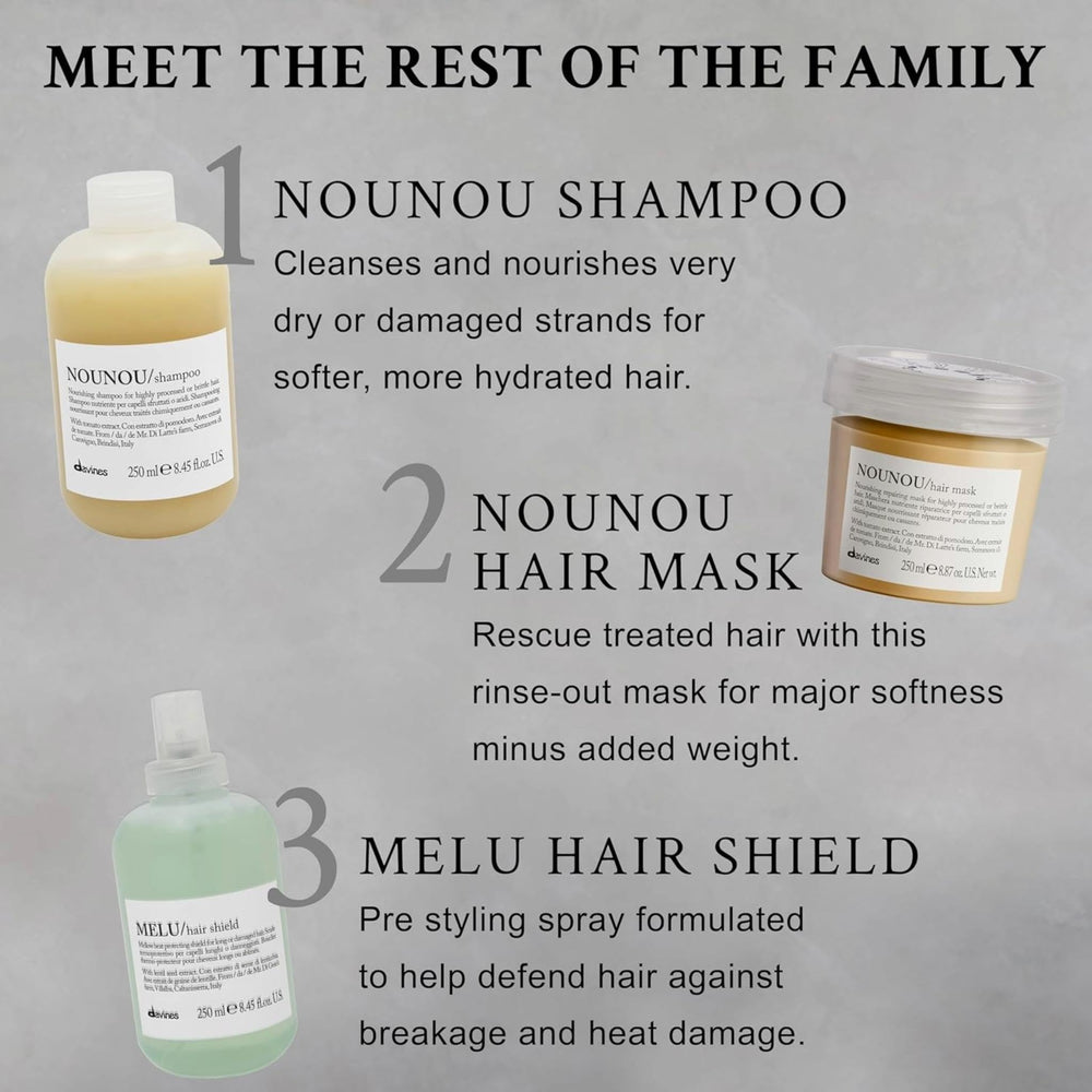 Davines Nounou Hair Mask bottle framed by greens suggests natural ingredients and care.