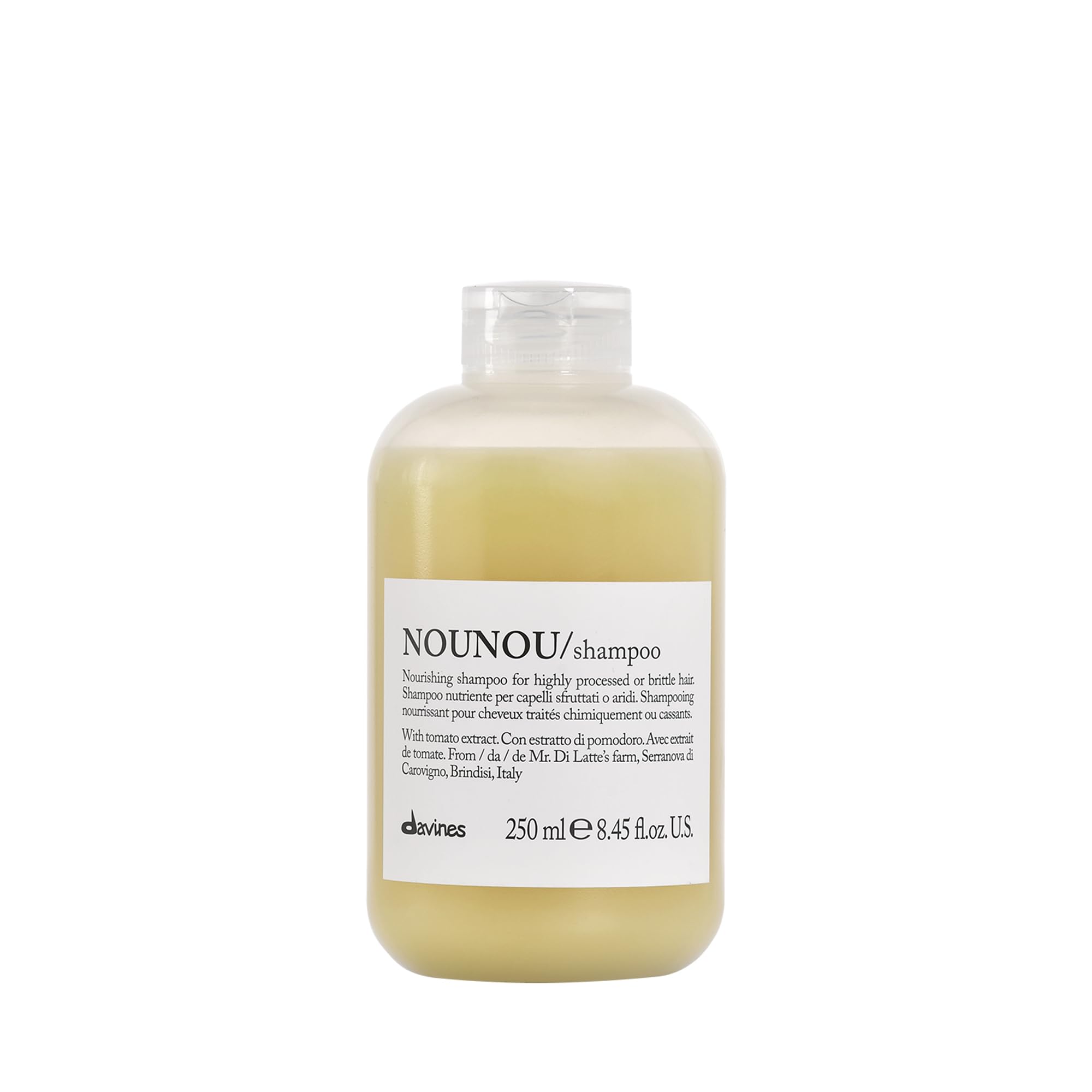 Davines NOUNOU shampoo bottle pour demonstrates gentle cleansing for damaged hair.