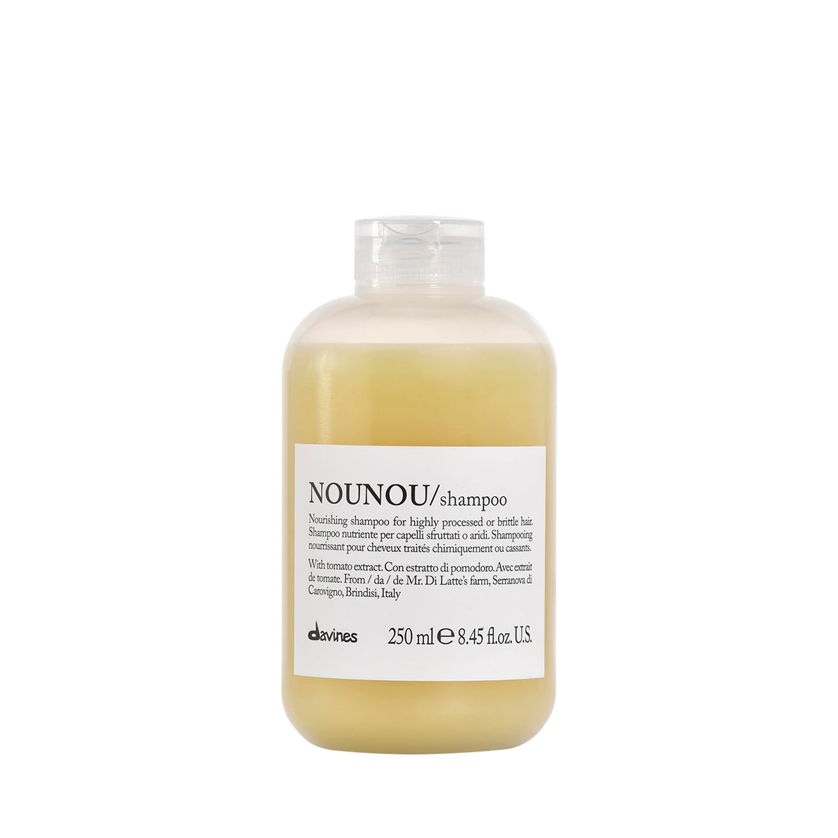 Davines NOUNOU shampoo bottle pour demonstrates gentle cleansing for damaged hair.