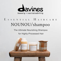 Davines NOUNOU shampoo damaged hair before-after shows restored softness and moisture.