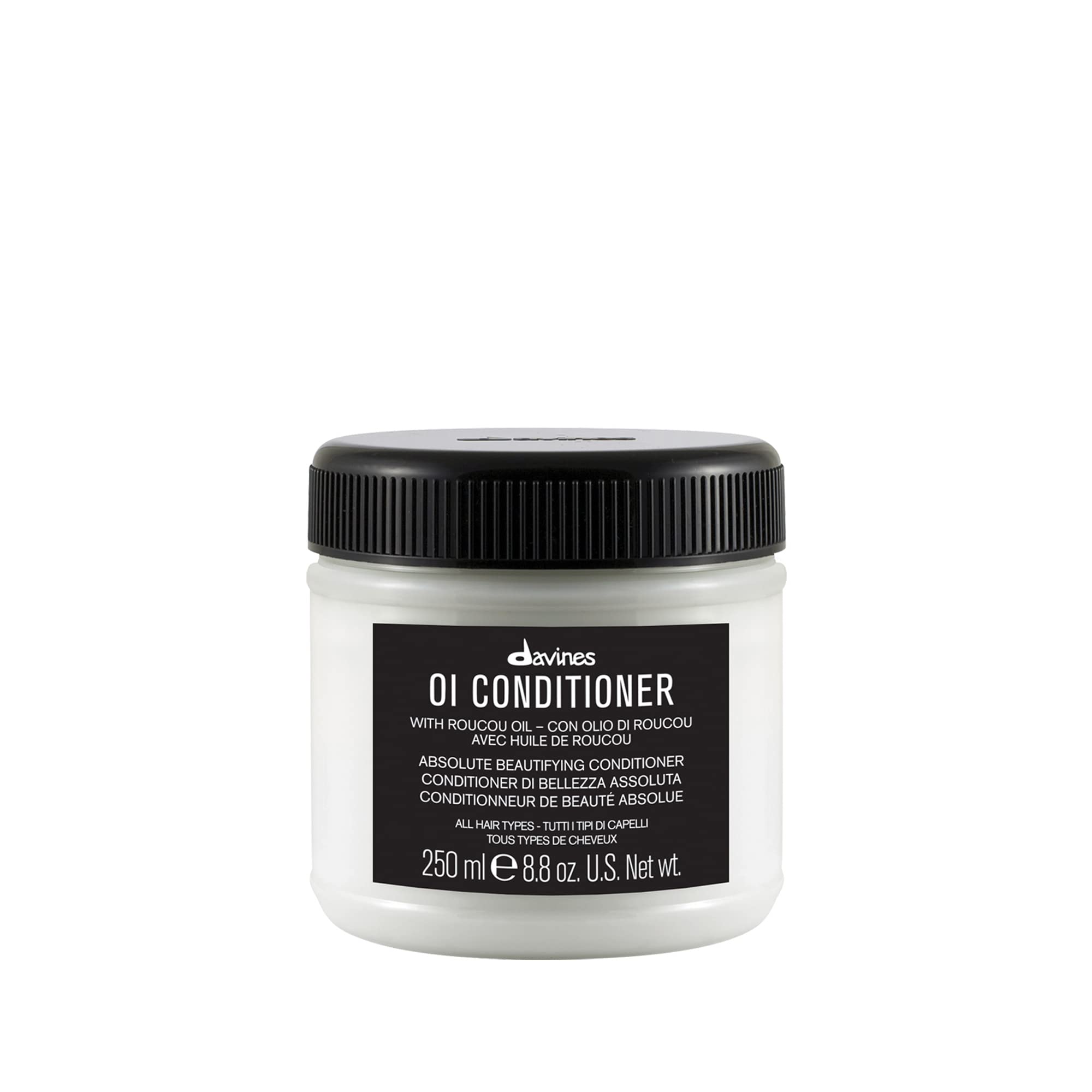 Davines OI Conditioner bottle side view shows smoothing care for hair