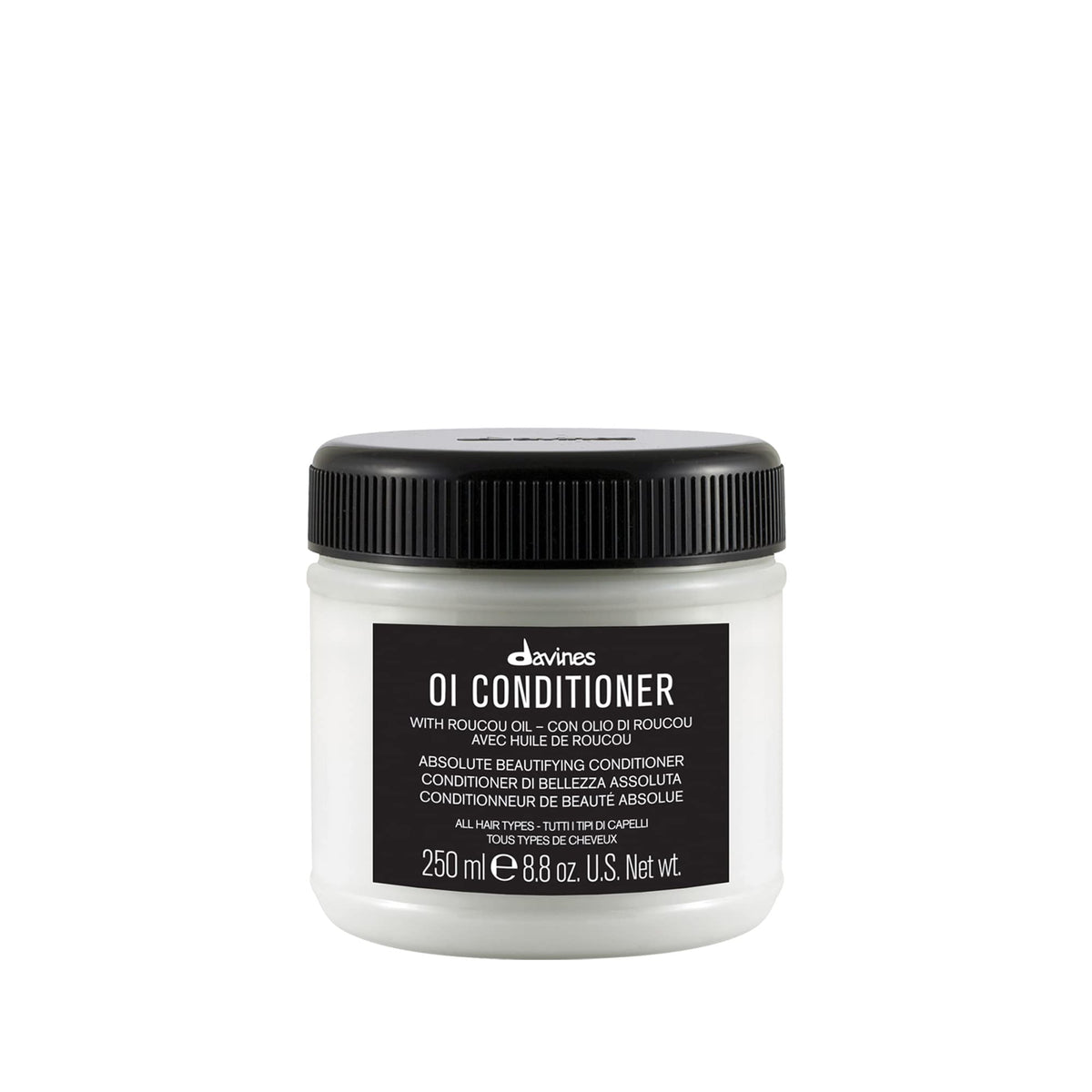 Davines OI Conditioner bottle side view shows smoothing care for hair
