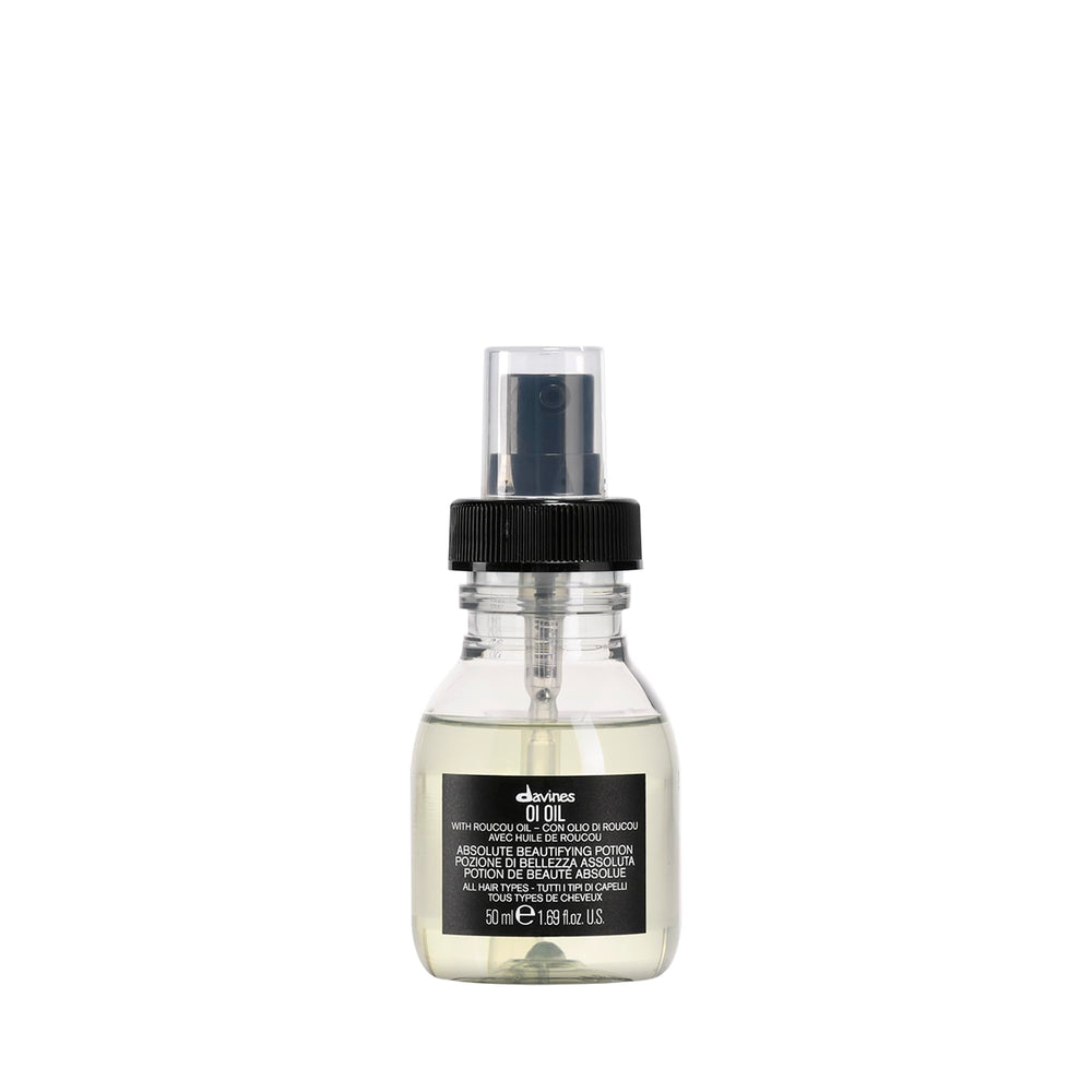 Davines OI Oil bottle pour showcases a weightless shine booster for all hair types.