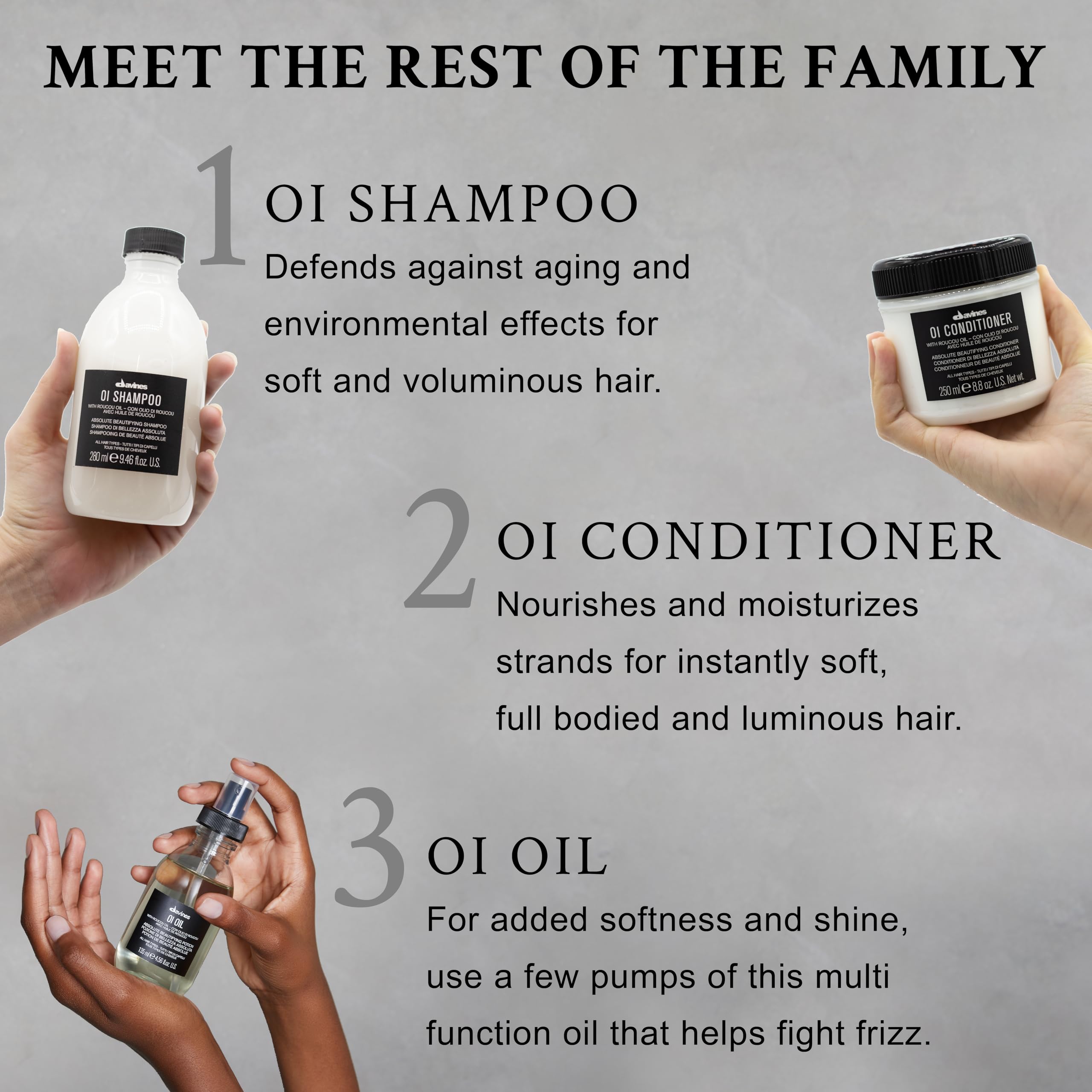Davines OI Shampoo for daily use across all hair types.