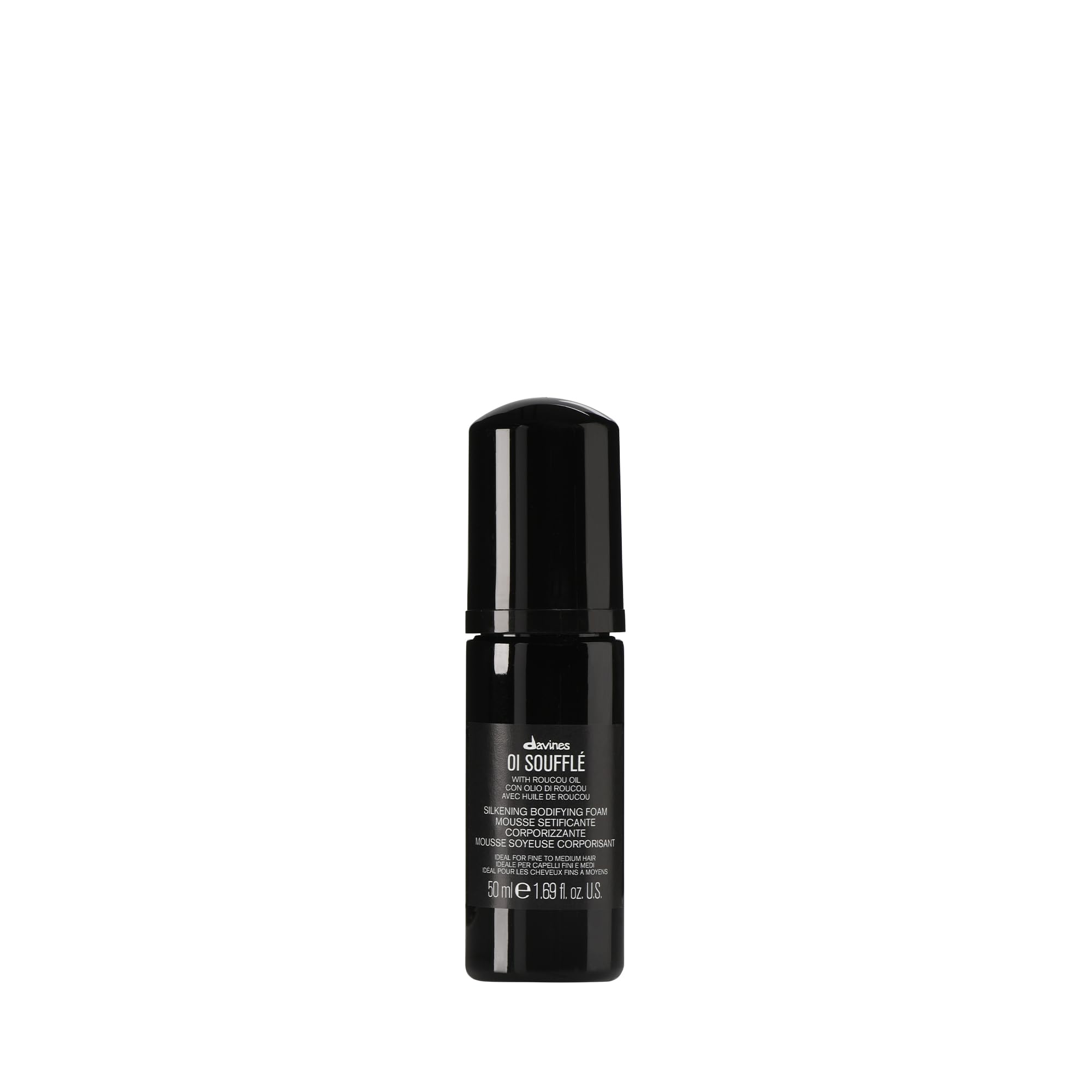 Davines OI Soufflé bottle close-up for premium styling.