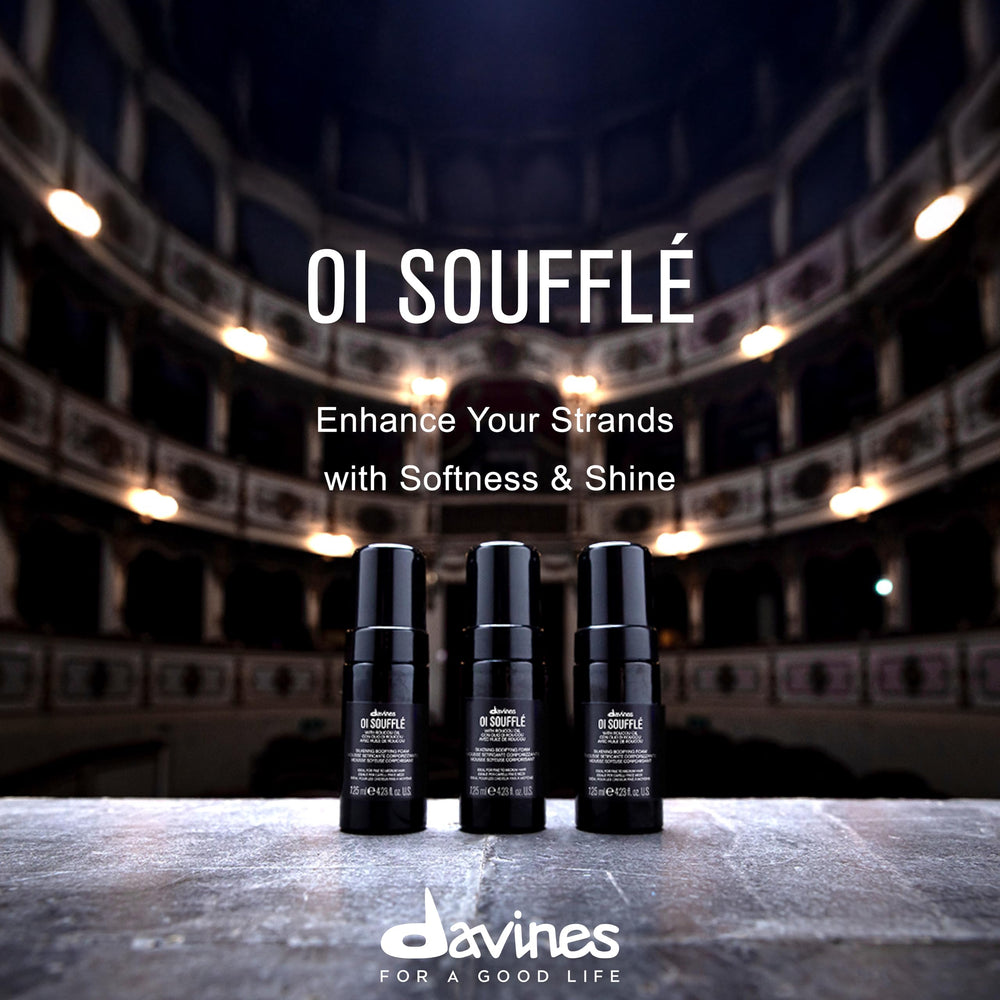 Davines OI Soufflé pump dispense enables controlled application.