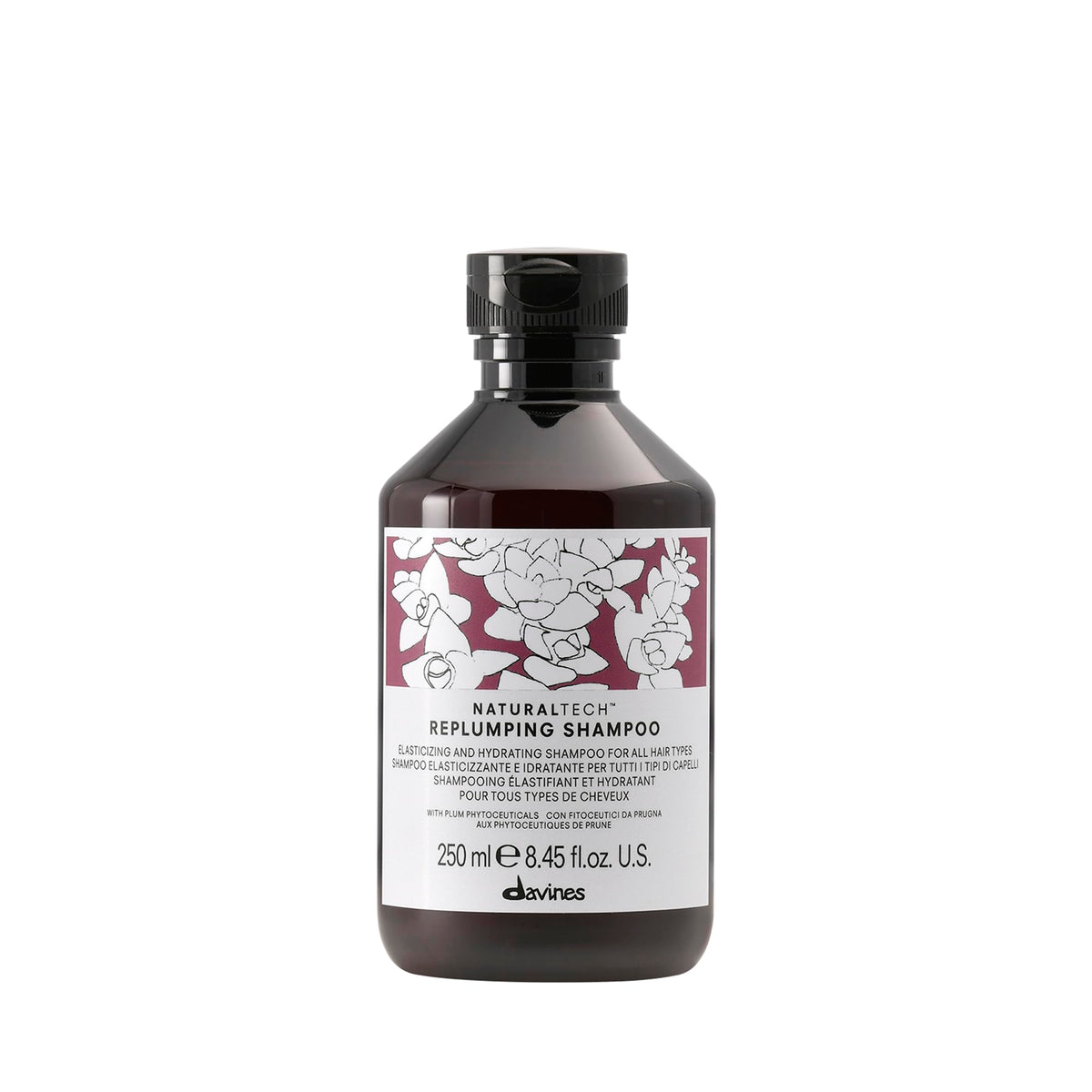 Davines Replumping Shampoo bottle-front with rich foam signaling elasticity