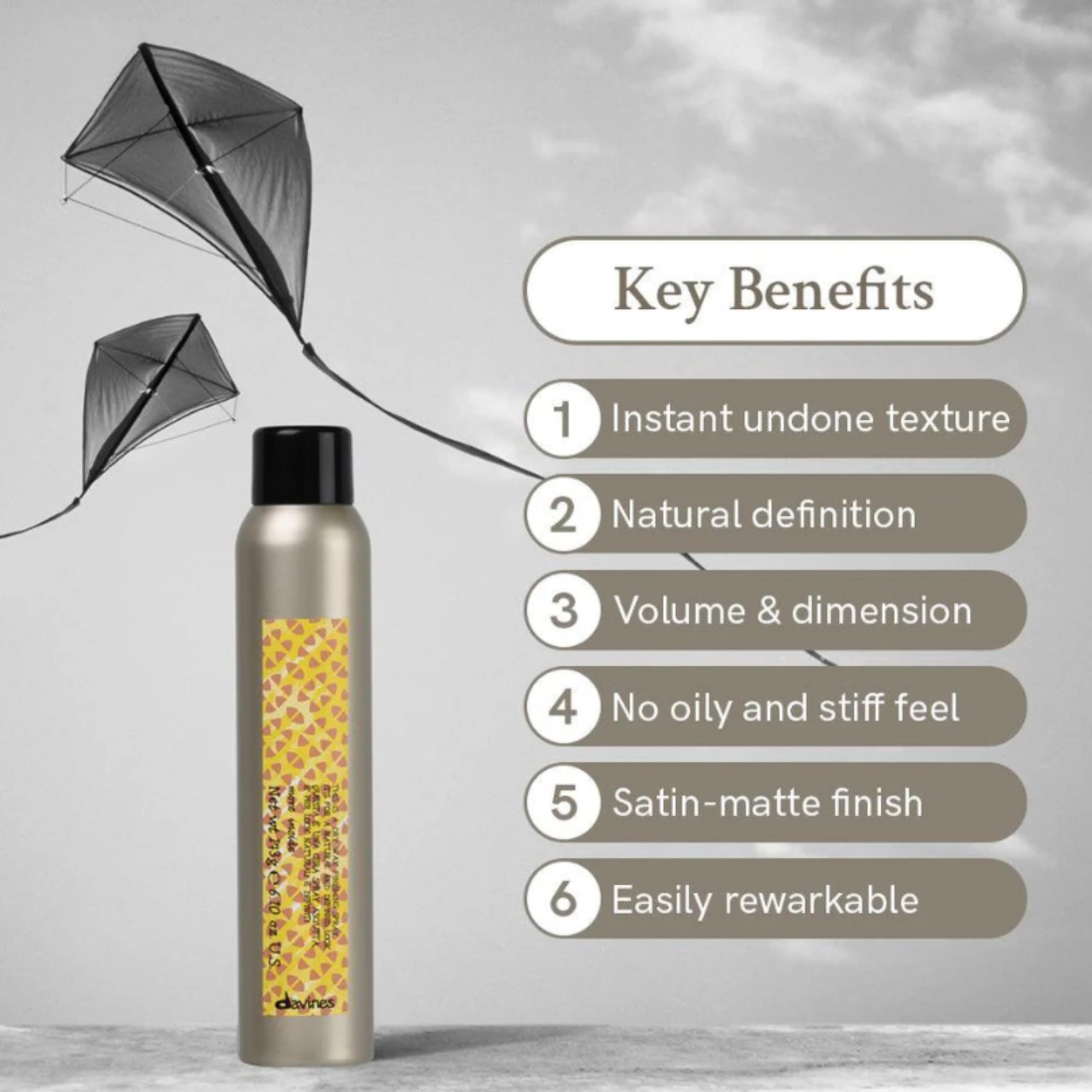 For all hair lengths, Davines This Is A Dry Wax Finishing Spray defines with light hold.