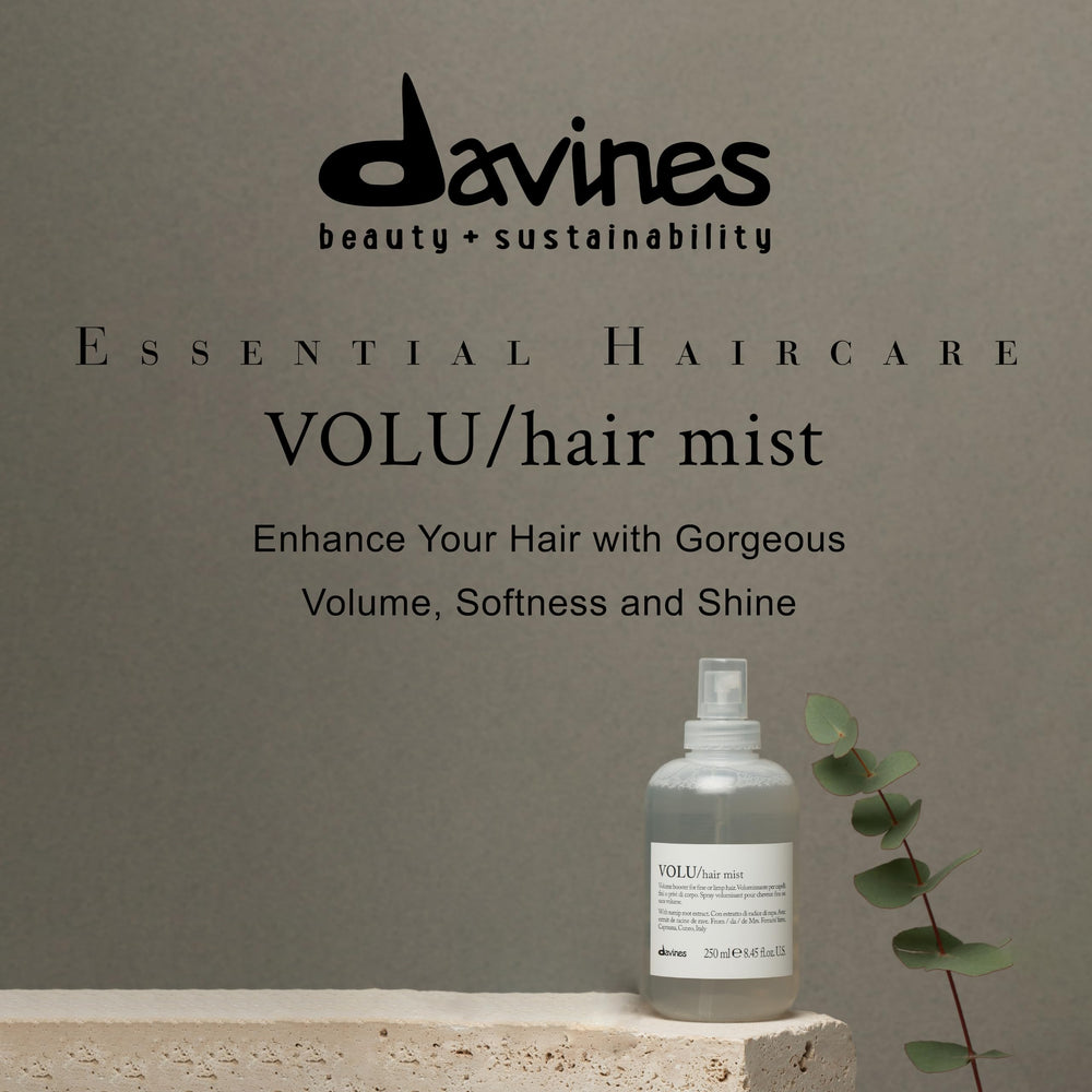 Davines VOLU Mist bottle back view highlighting ingredients and care