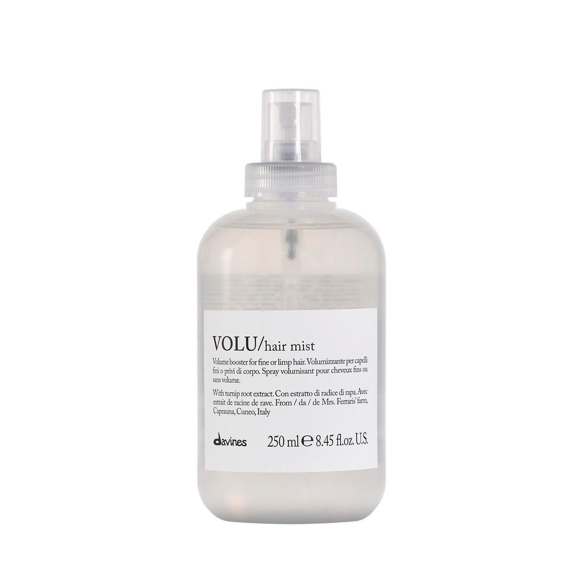 Davines VOLU Mist bottle front view showing lightweight root lifting benefits