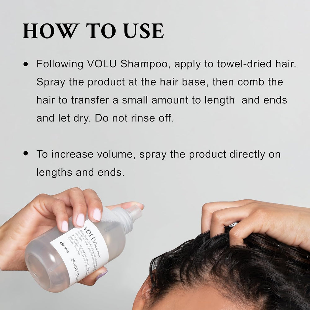 Davines VOLU Mist dispensing action shows easy application