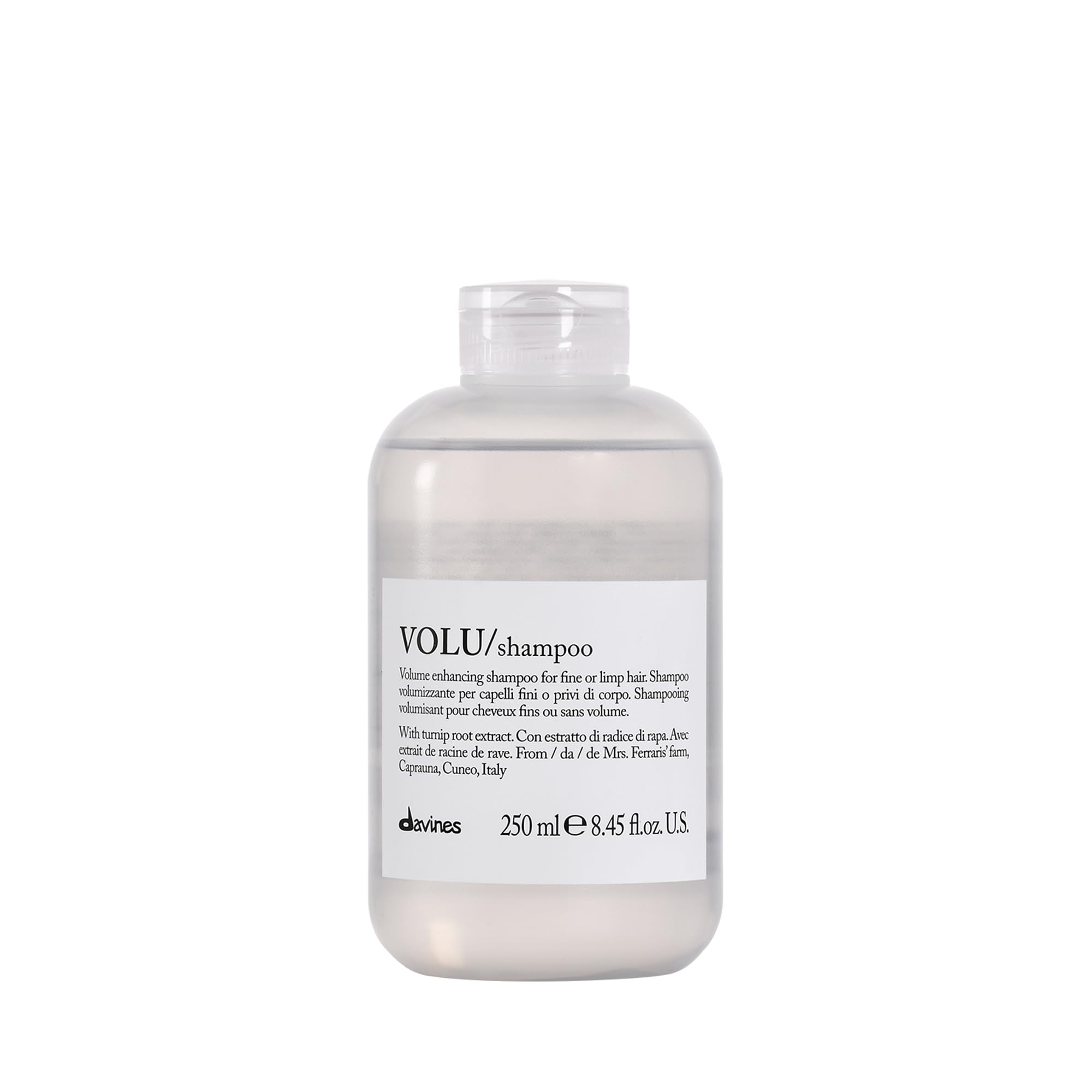 Davines VOLU shampoo bottle pour shows lightweight cleansing and volume boost.