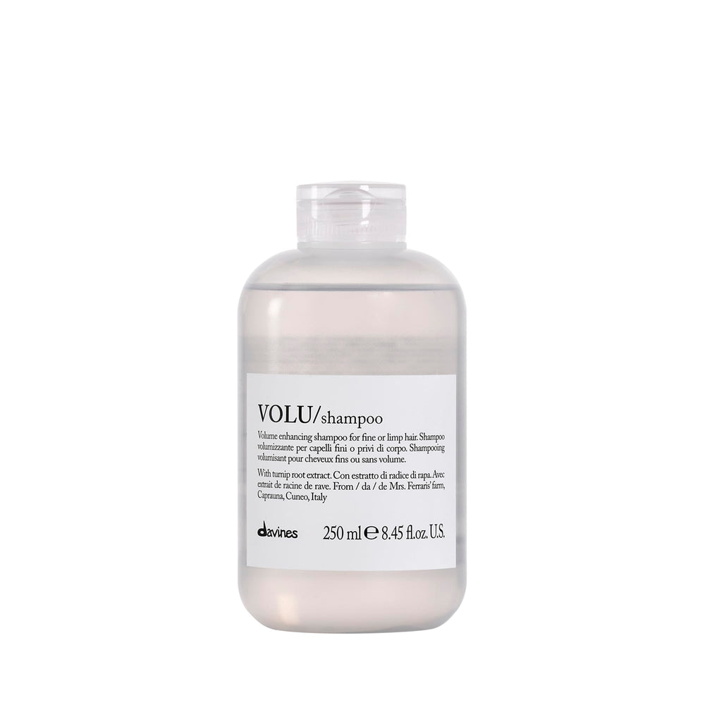 Davines VOLU shampoo bottle pour shows lightweight cleansing and volume boost.