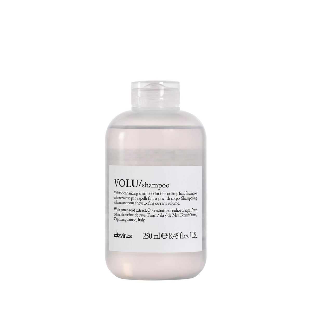 Davines VOLU shampoo bottle pour shows lightweight cleansing and volume boost.