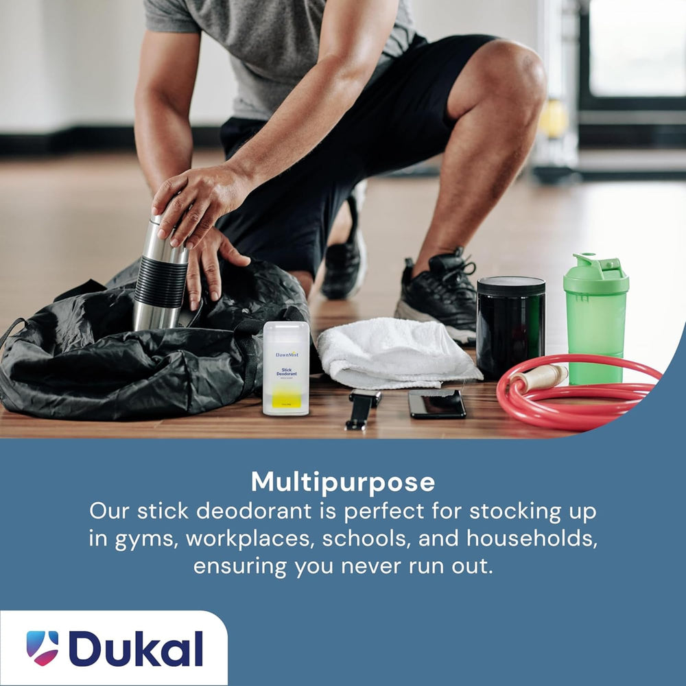 DawnMist stick deodorant beside gym gear for workouts.
