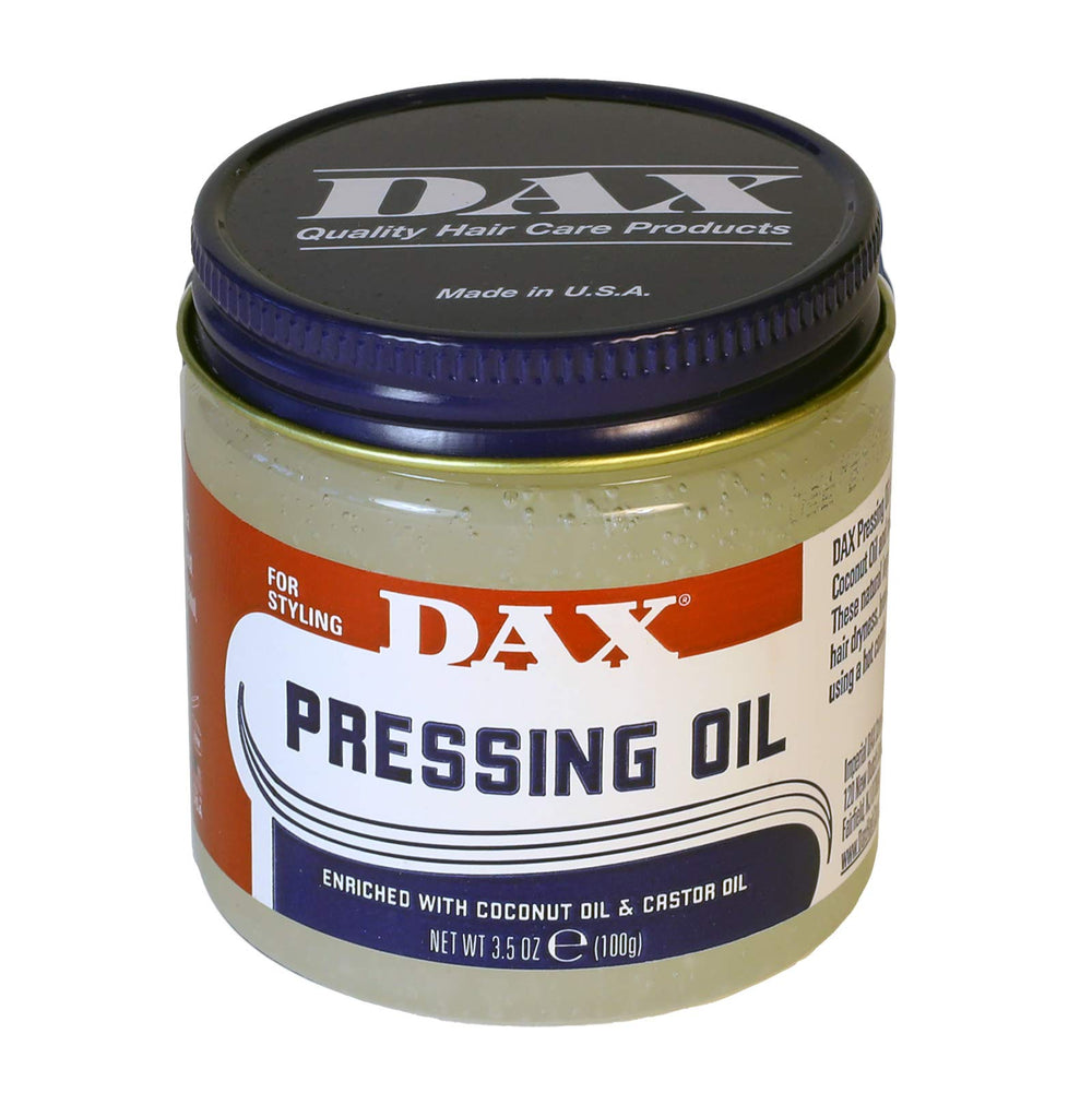DAX Aceite Prensado para Pomadas, botella visible, nutre y protege del calor.