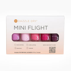 Dazzle Dry mini bottles setup highlights compact, travel-friendly nail system for on-the-go use.