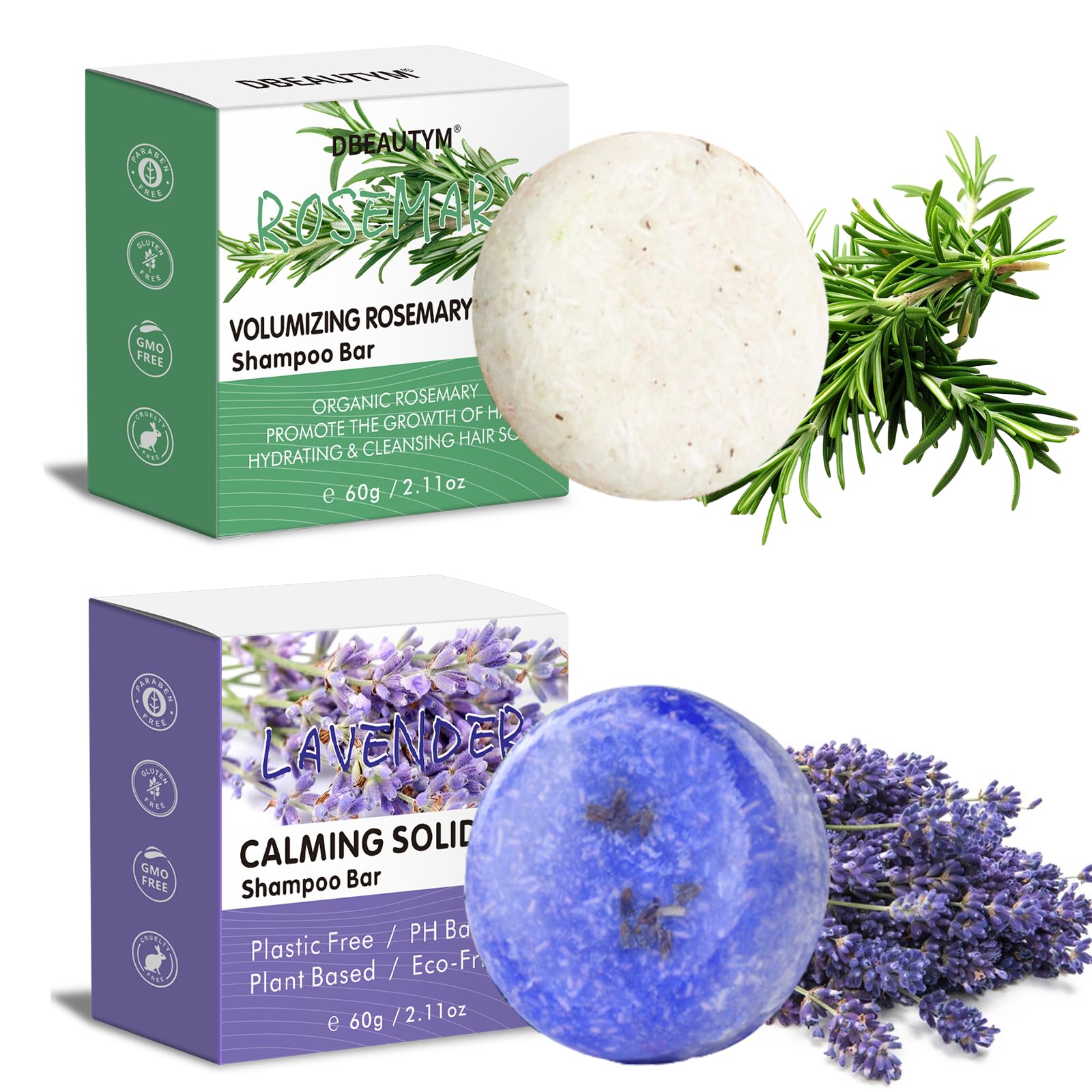 DBEAUTYM barra champú romero-lavanda para cabello ligero y revitalizado, fragancia refrescante.