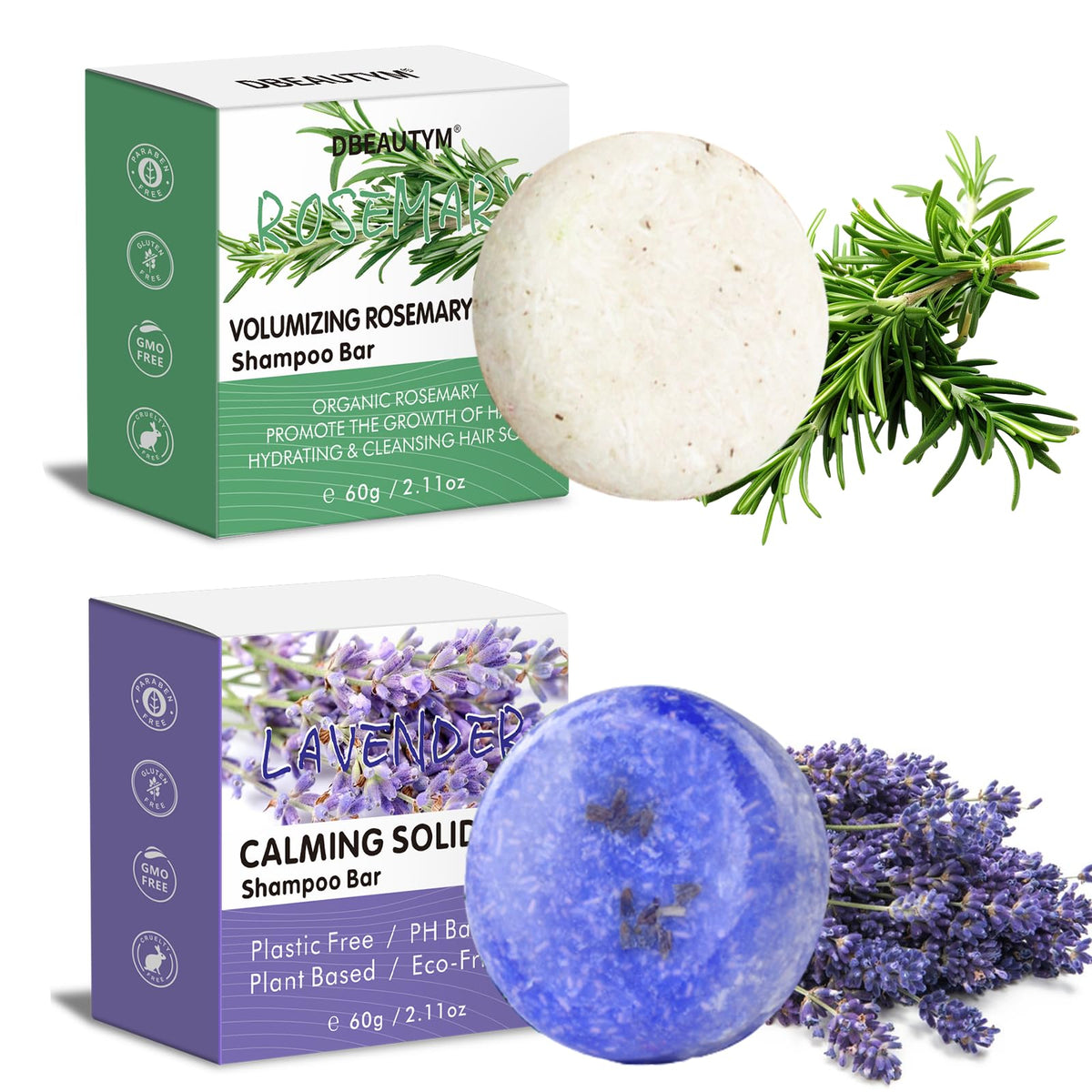 DBEAUTYM barra champú romero-lavanda para cabello ligero y revitalizado, fragancia refrescante.