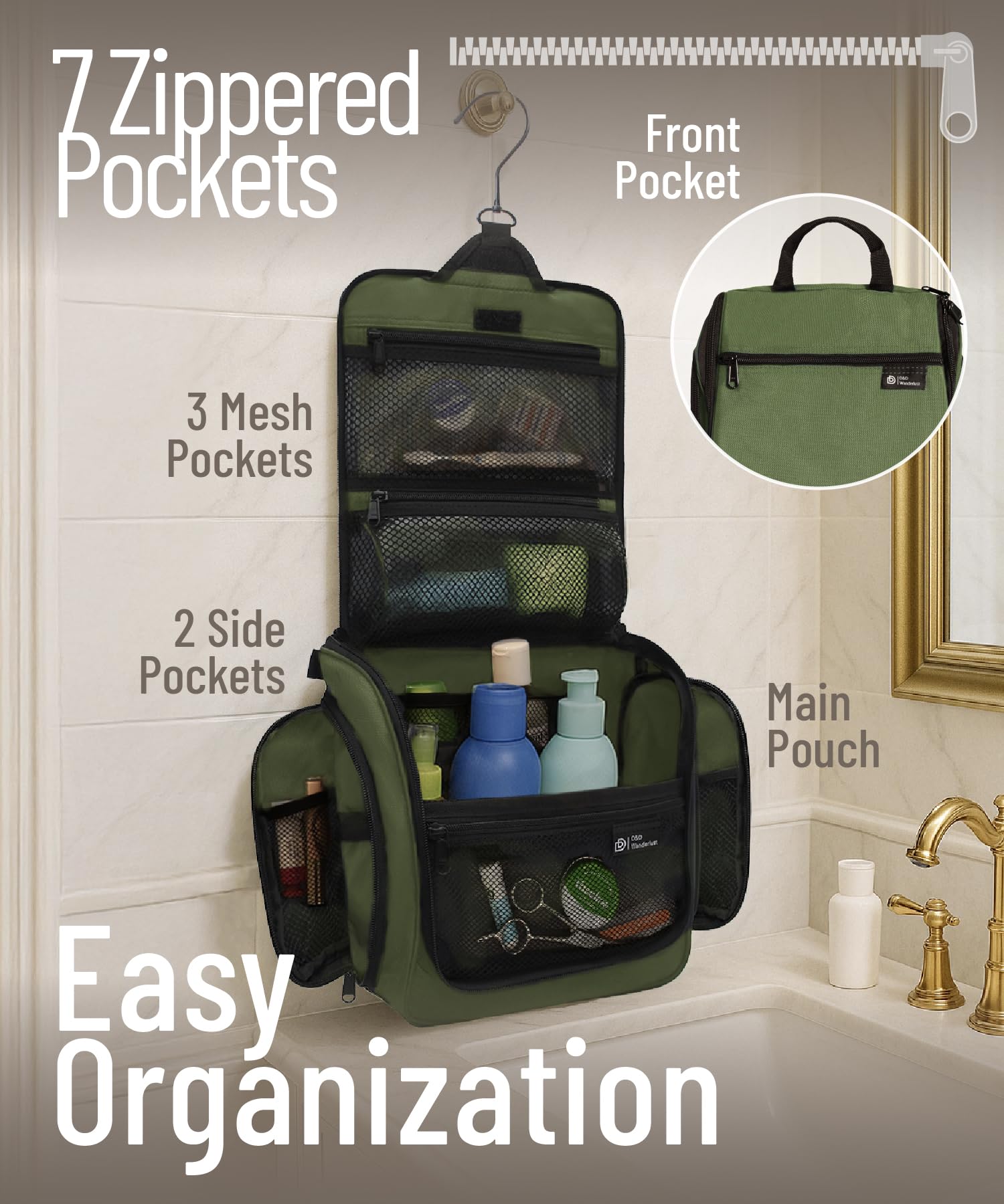 DD D&D Wanderlust hanging toiletry bag, open with compartments visible for cosmetics on trips.