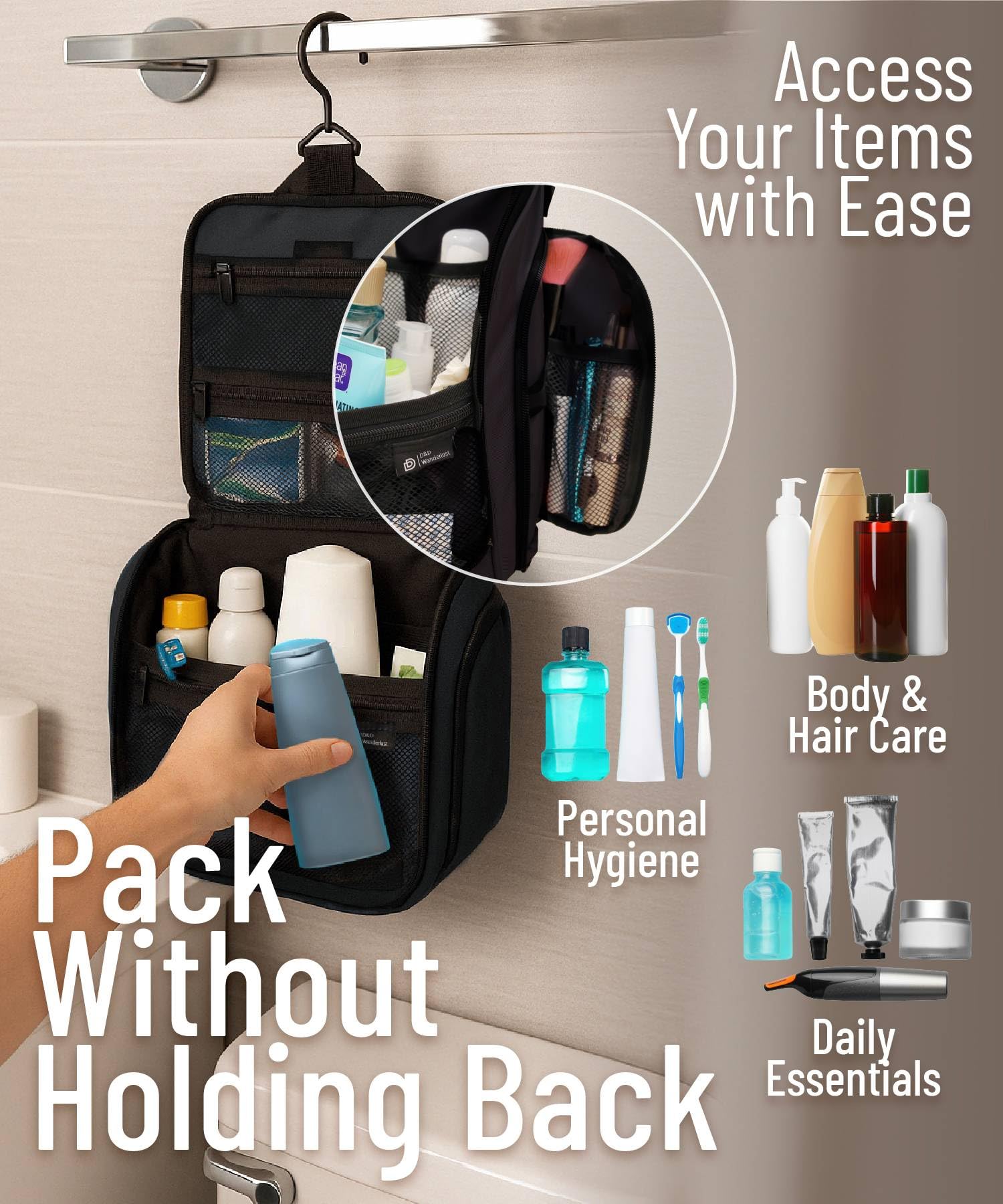 Hotel bathroom setup showing the bag hung for convenient storage.
