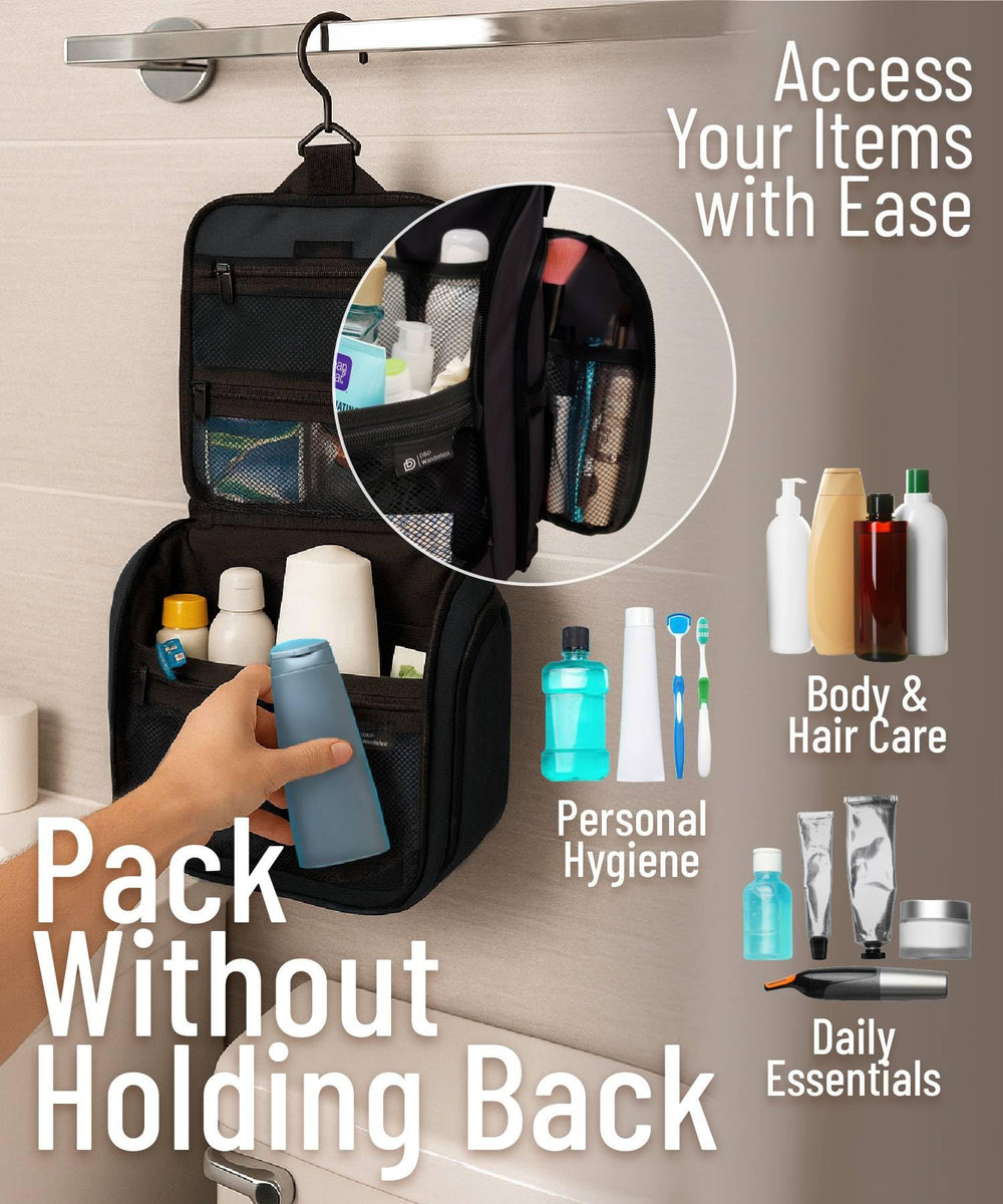 Hotel bathroom setup showing the bag hung for convenient storage.