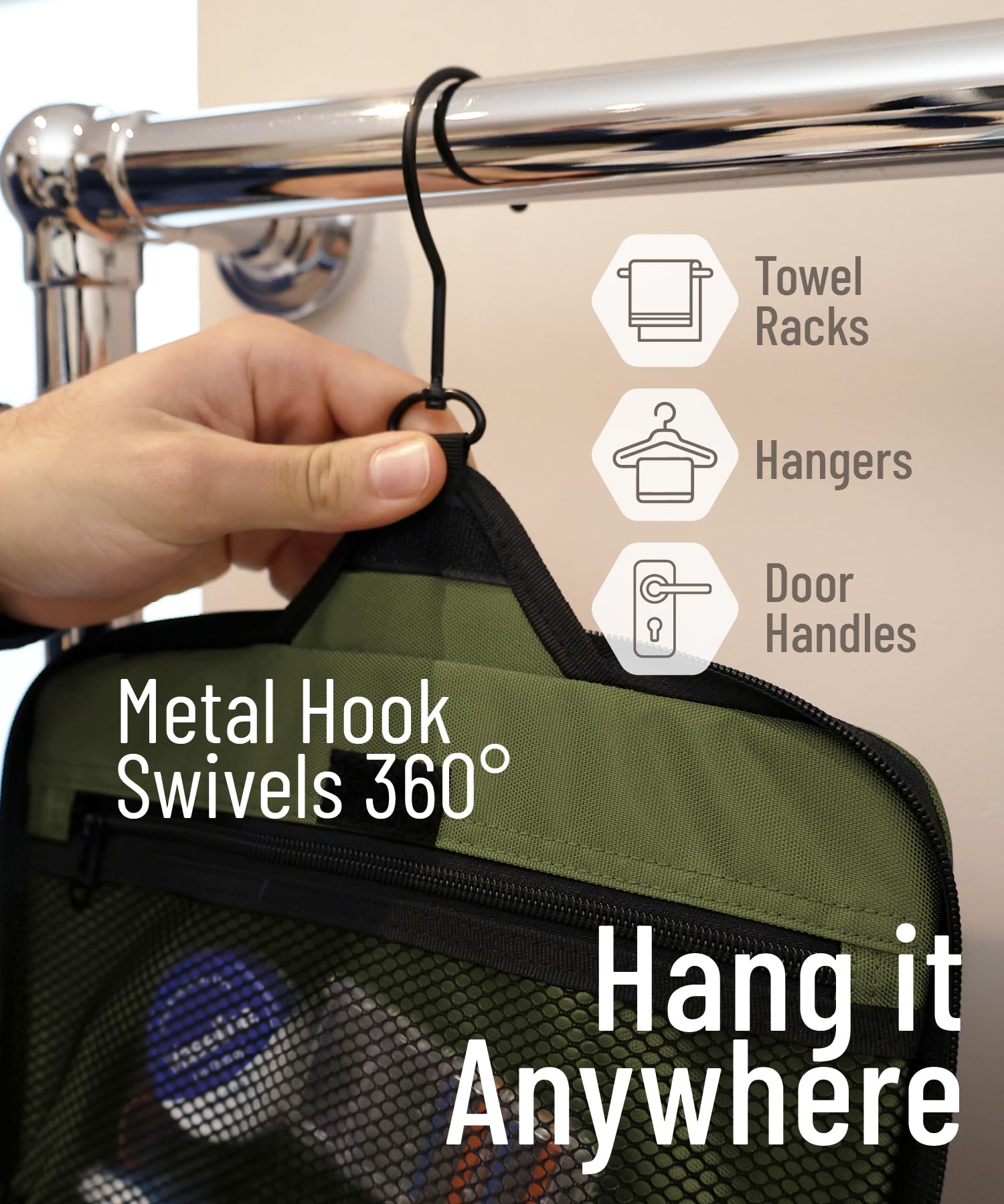 DD D&D Wanderlust bag with XXL metal swivel hook in use for hotel or camp setup.