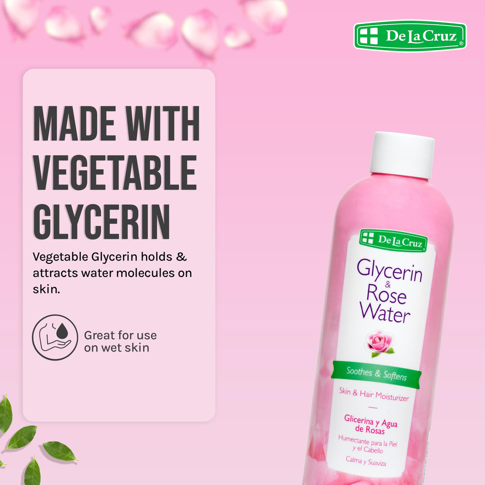 Glinting glycerin droplet on De La Cruz bottle highlights humectant hydration.