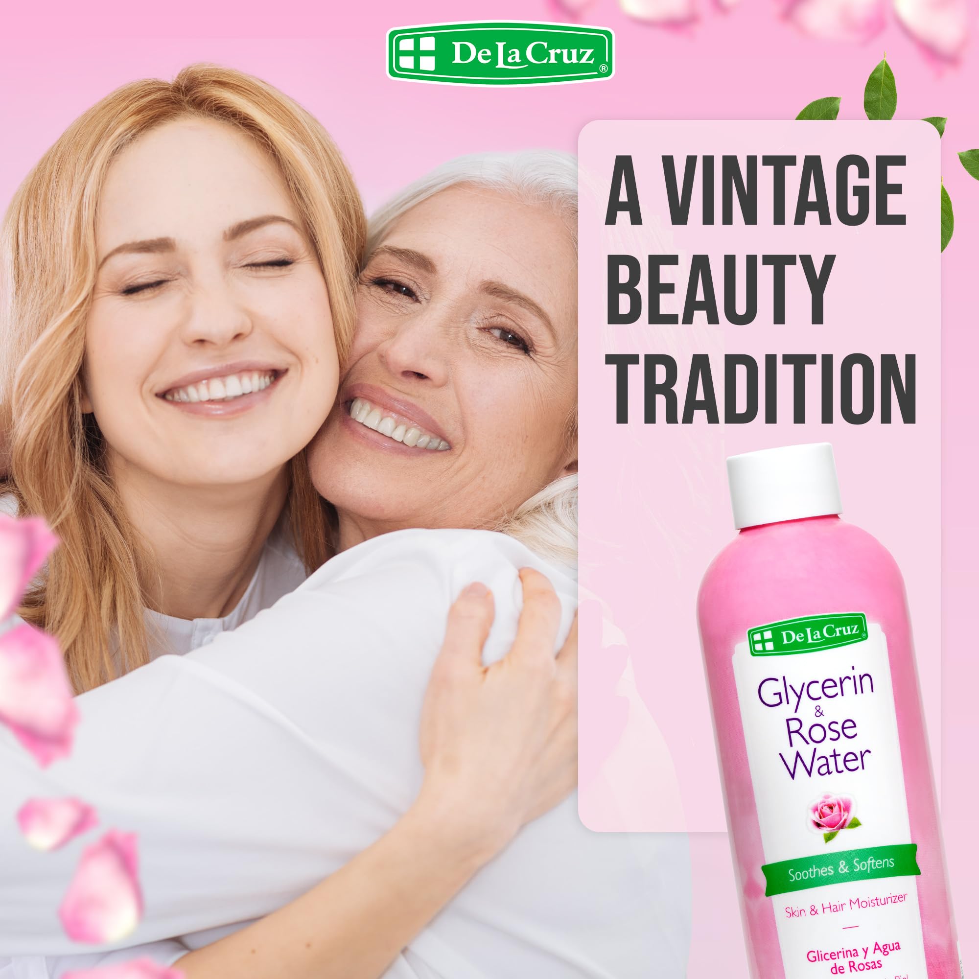 Closeup of rose petals in De La Cruz Rose Water conveys gentle skincare.
