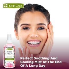 De La Cruz Rose Water Face Spray showing gentle mist for skin hydration.
