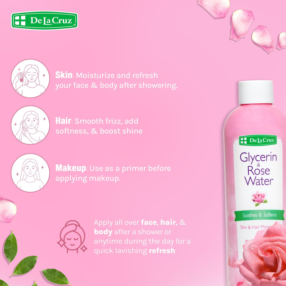 De La Cruz Rose Water used for hair care after shower for light refresh.