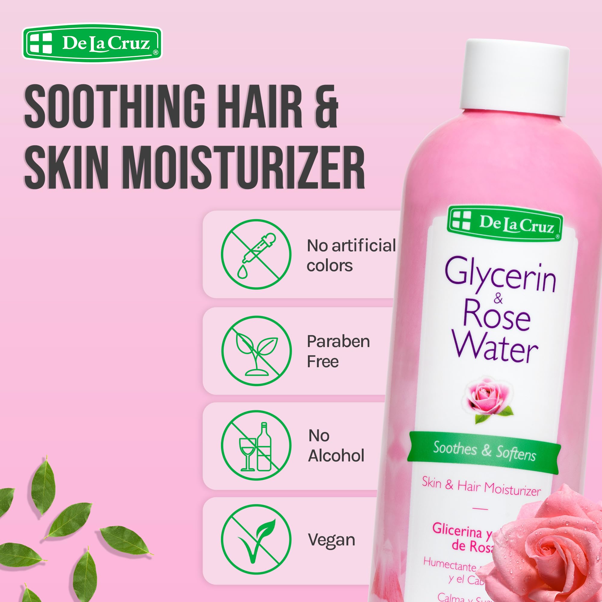 Pouring De La Cruz Rose Water demonstrates easy application for skin and hair.