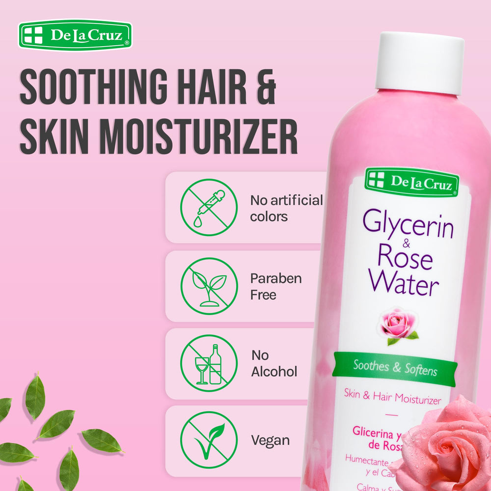 Pouring De La Cruz Rose Water demonstrates easy application for skin and hair.