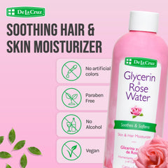 Pouring De La Cruz Rose Water demonstrates easy application for skin and hair.