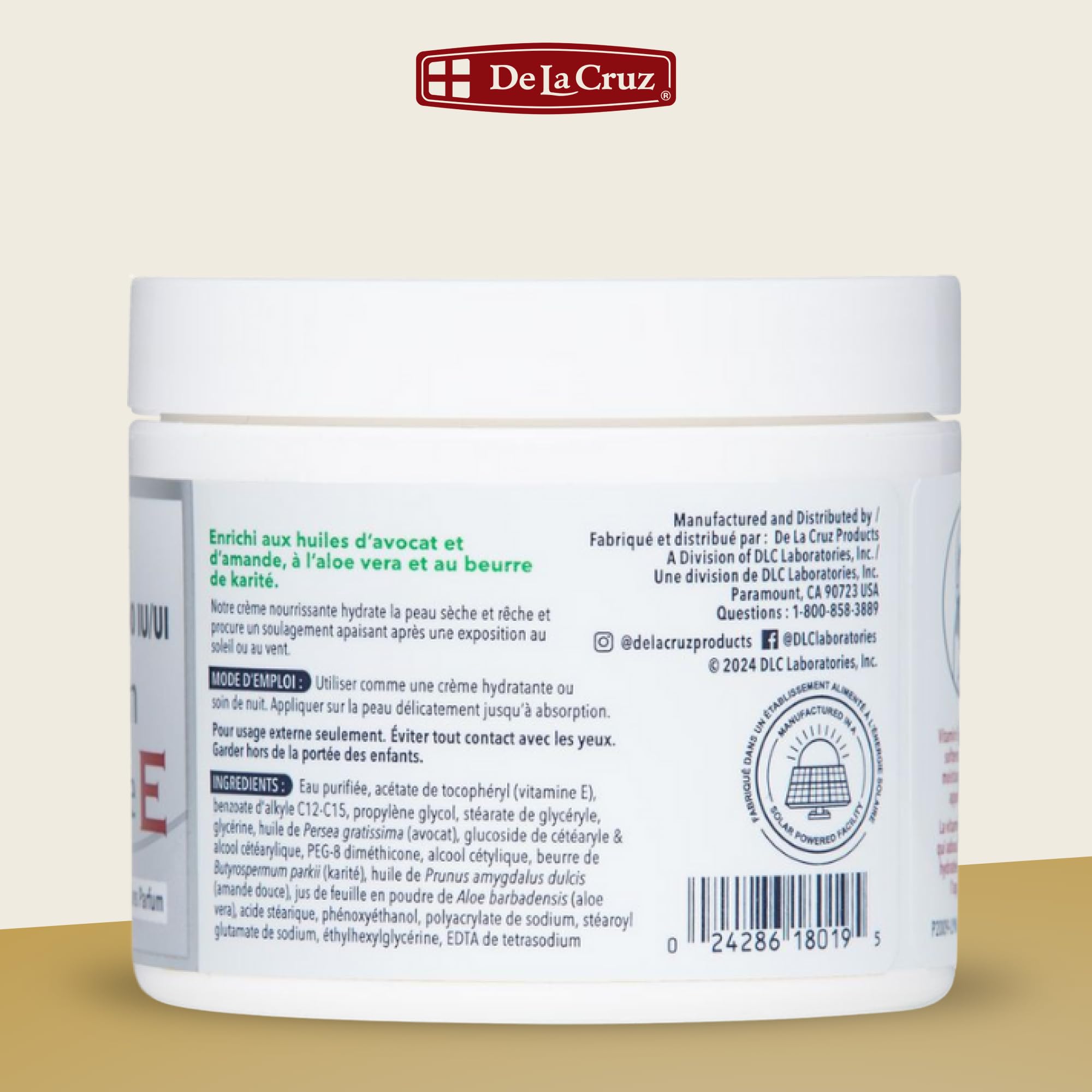 Absorción rápida de De La Cruz Vitamina E sin fragancia, ideal para uso diario.