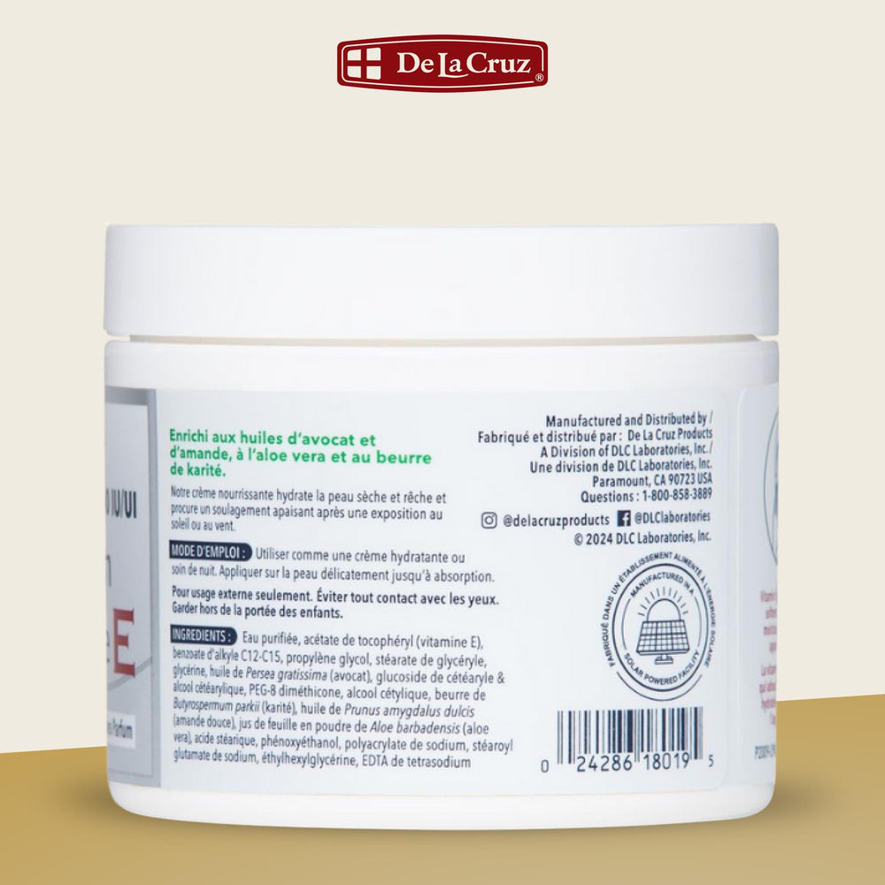 Absorción rápida de De La Cruz Vitamina E sin fragancia, ideal para uso diario.