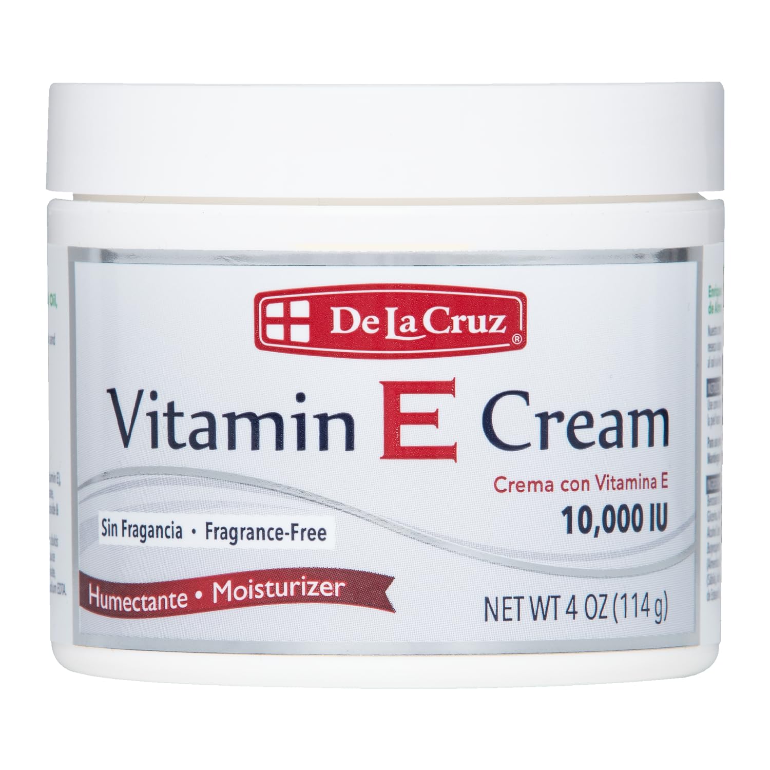 Crema De La Cruz Vitamina E sin fragancia en envase, hidratación suave para piel sensible.